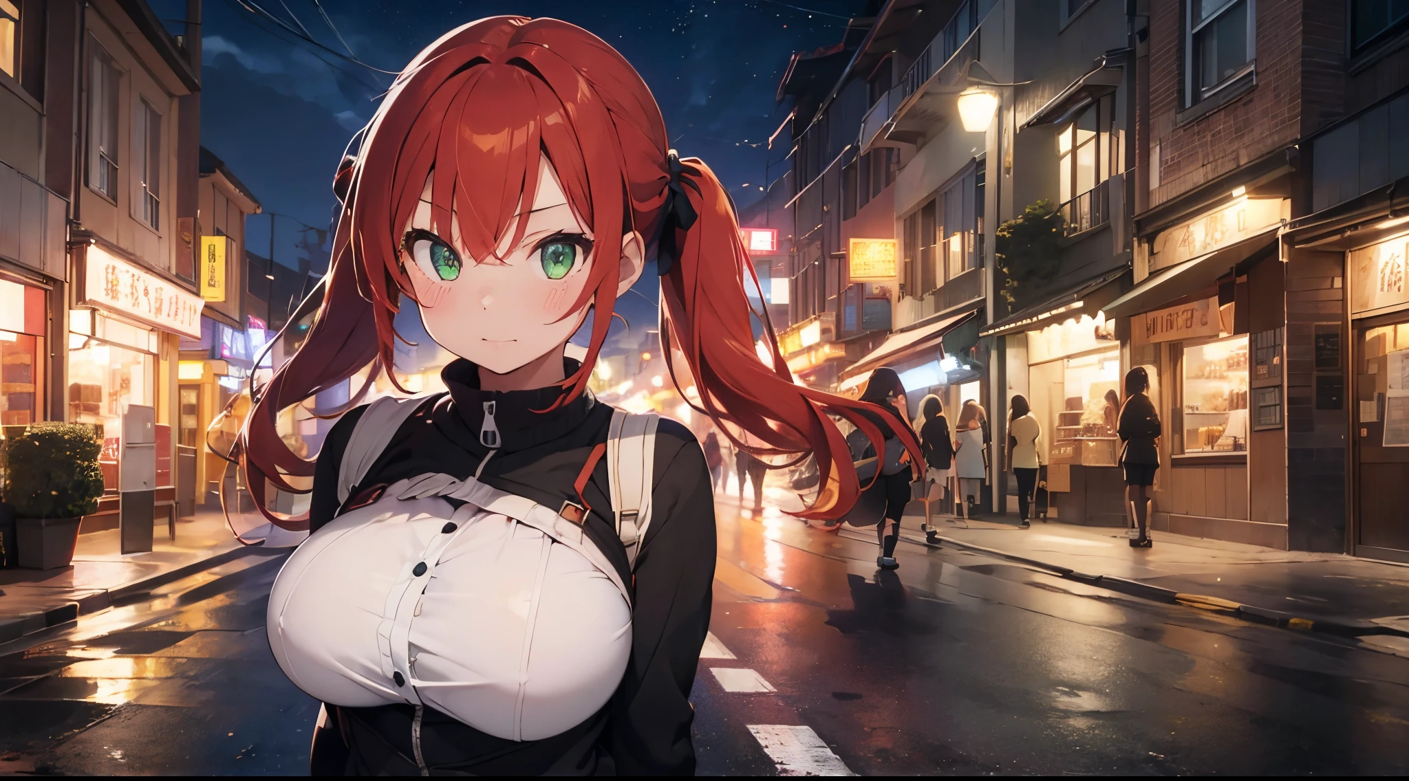 1 girl, adult, big boobs, waifu, sexy, city street, no cars, night time, day time, bright colors, red hair, drill twin tails, cute face, perfect face, long hair, green eyes, hands behind back, can't see hands, hands hidden, absurdres, high res, ultrasharp, 8k, masterpiec