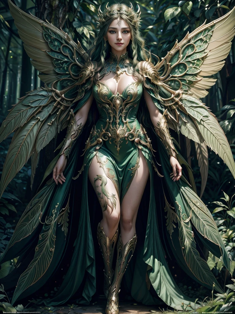 painting of a fairy with magnificent, large wings in a forest, smiling, wearing a flowing green micro dress, sensual digital painting, piece of master, full body, by chunie, by darkgem:0.8, Detailed background, ((full body)), 35mm LanceMen lens, Luthien, ((a stunning portrait of a God)), Frank Kelly Freas, Karol Bak style, ((gorgeous face)), Ultra Definition, best quality, 32k ultra |, Ultra HD |
