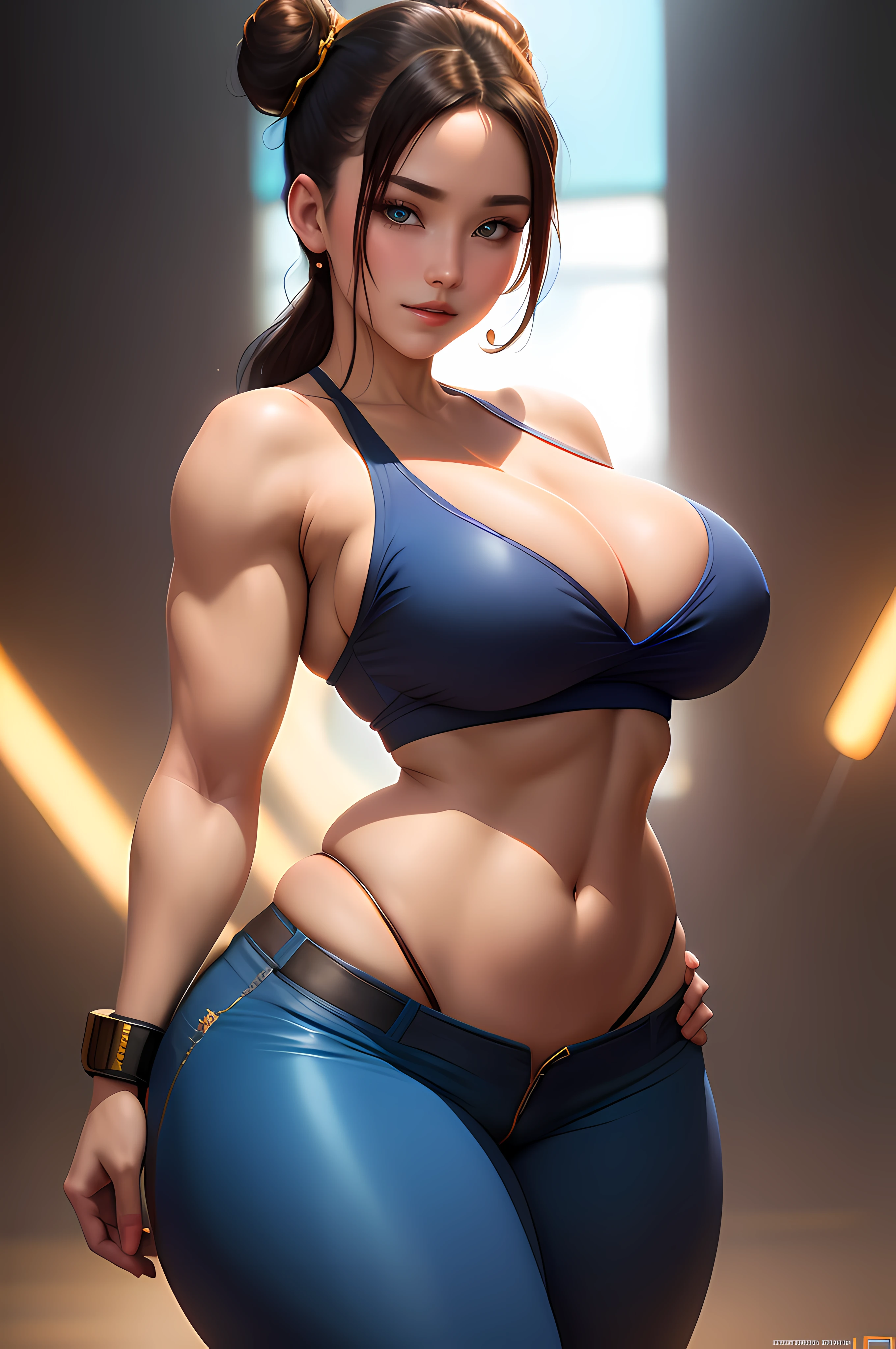 Chun Li Street Fighter art by Artgerm, anime half-body portrait of a model ((HH-size breasts, very Thick thighs, athletic build, feminine form, lythe body, black hair, twin buns, 20 years old, cleavage)), lowrider jeans, showing too much skin, revealing, full body, cheerful smile, 4k, beautiful woman with soft blue eyes, key light reflected in the eyes, painted background, studio portrait, soft light, bezel lighting, shimmer in the eyes, bokeh background, picturesque, 8K, HDR, RGB, Ultra-HD