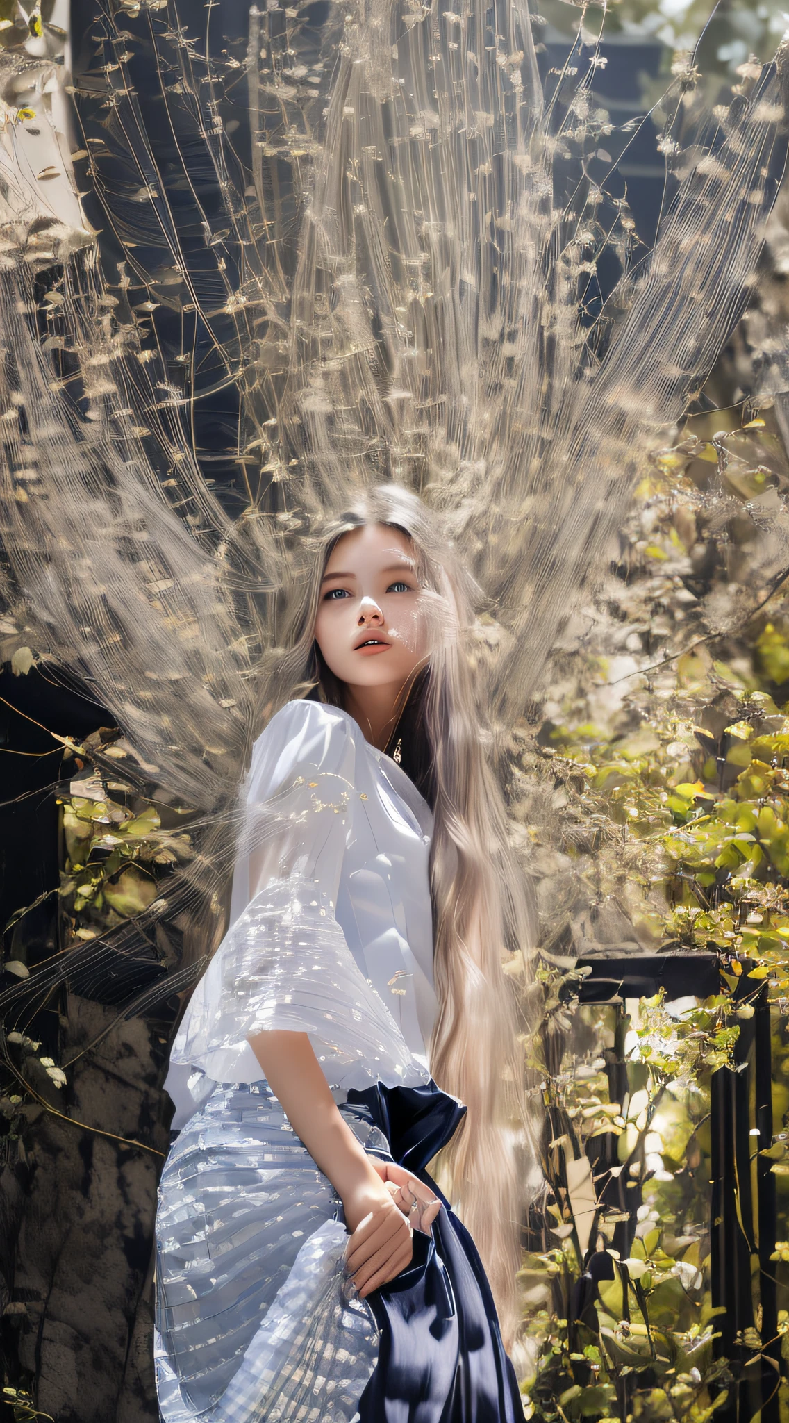 (extremely detailed CG:1.2), (masterpiece:1.2), (best quality:1.2),,((absurdres)),looking at viewer,full body, ,(1girl),solo,(long hair),(mathayom uniform),(white shirt short sleeves),(navy_blue pleated skirt),(long skirt),dynamic angle,standing,dynamic pose,((Delicate facial features)),,