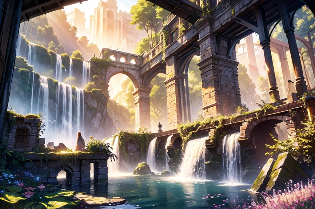 masterpiece, best quality,ultra-detailed, fine detailed, 8k, scenery, landscape, no humans, wide shot, twilight sky, great forest, unexplored region, ancient bridge, flower garden, ruins, greenhouse with decoration, Intricate European Bird Cage, forest, waterfall, nature, ray tracing, refraction, cinematic lighting, fisheye lens, tyndall effect