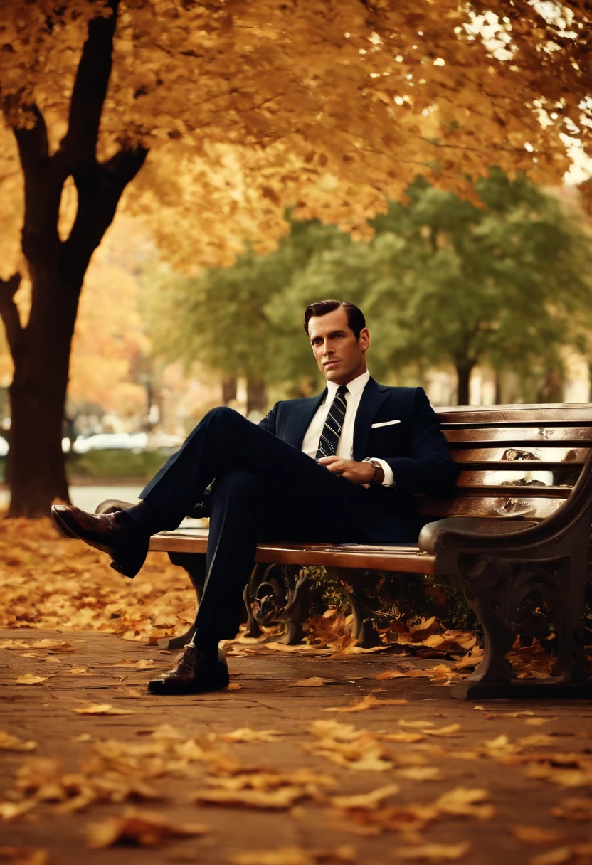 A sophisticated, vintage-style photo of an empty park bench surrounded by autumn leaves,Mad Men TV Series,Don Draper, the enigmatic protagonist of the TV series “Mad Men,” is the epitome of 1960s advertising glamour with a complex and often mysterious persona. He is typically seen in impeccably tailored suits, symbolizing his high status in the advertising world and his attention to appearance as a tool for success. Draper’s classic, handsome features, characterized by a strong jawline and slicked-back hair, add to his charismatic yet inaccessible aura.