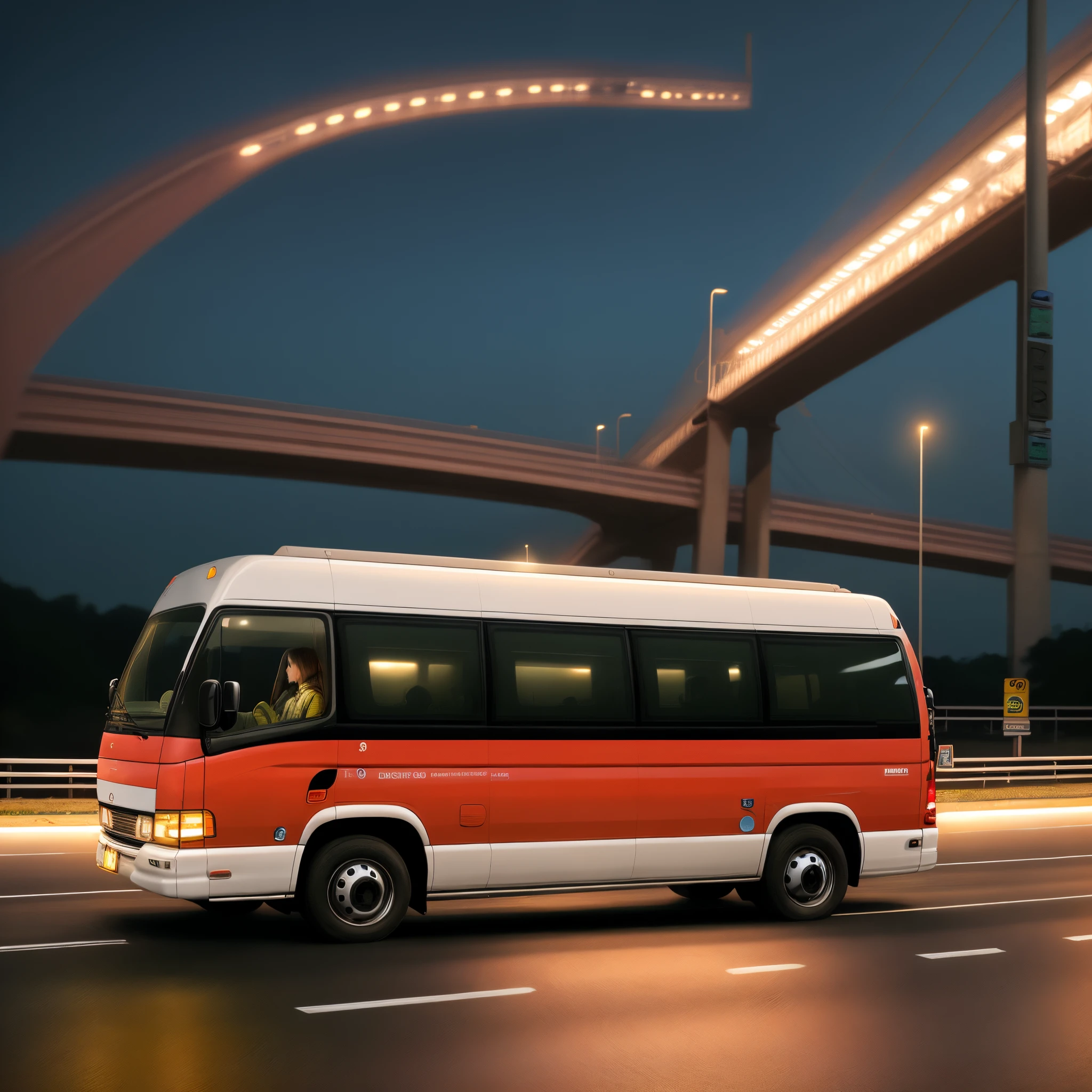 White TFD minibus broken down at night with the headlights on in the middle of the highway. Passengers at the front of the bus, including a woman with a child in her arms, idosos e pessoas sentadas no acostamento da rodovia