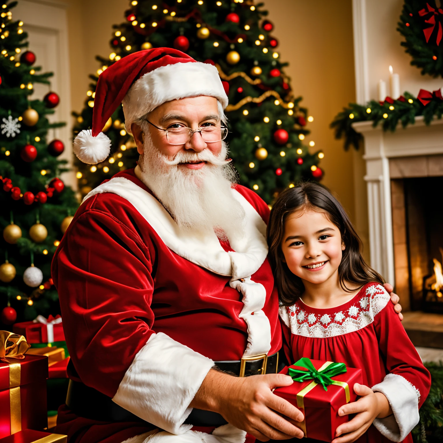 Santa Claus with children at the Christmas tree with gifts,((Best Quality)), ((Masterpiece)), (Detailed), a perfect face, foto realista