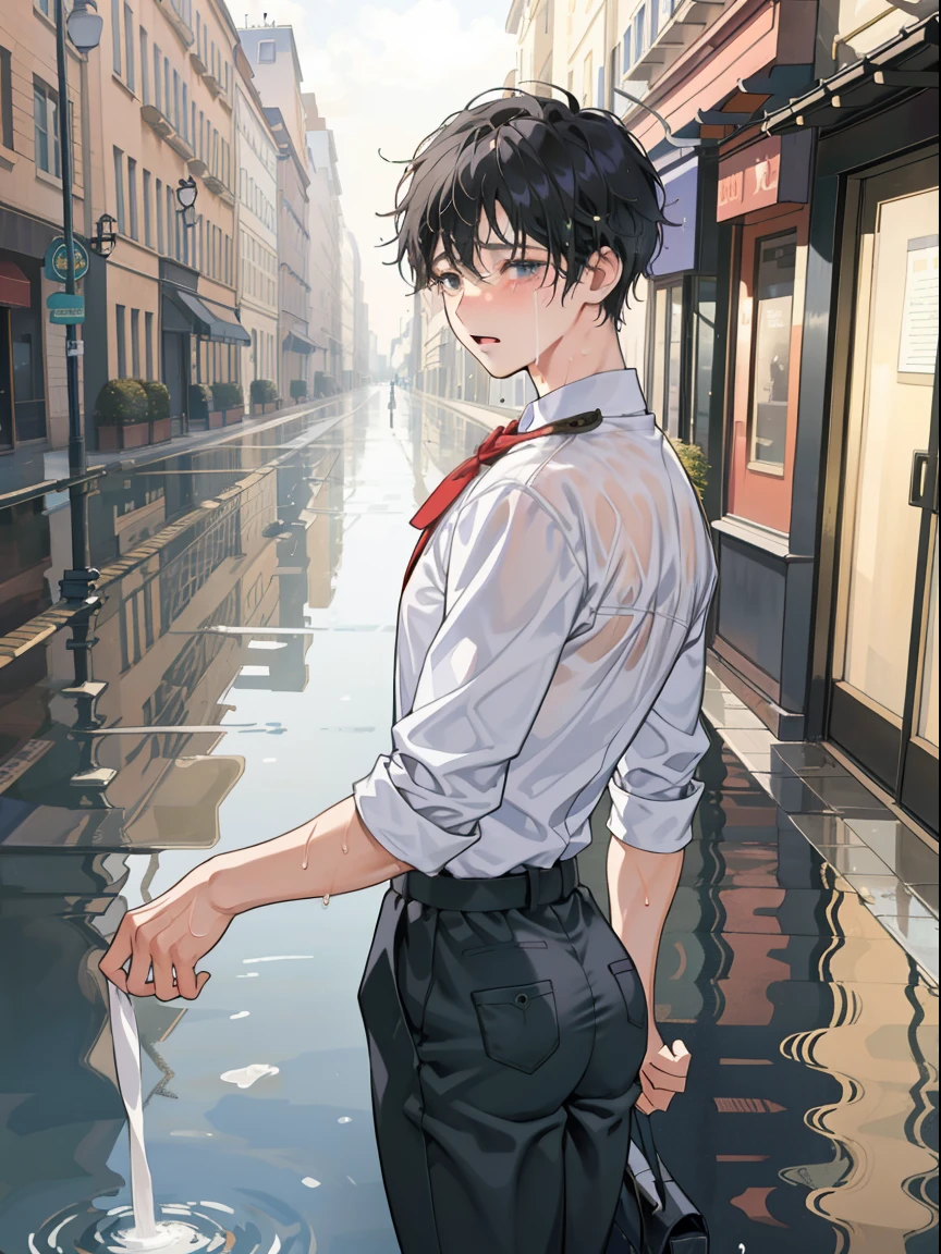 A man and a boy are on the street,Man touches boy's thigh, The boy was bare ass,transparent pubic hair,crying,with a look of anguish, Get wet all over your body