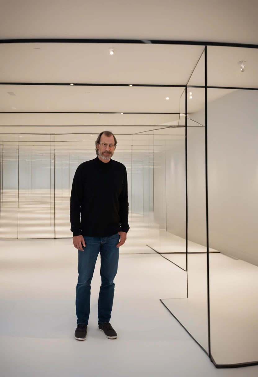 A photo of Jobs exploring an interactive art installation at a modern art gallery,original,Steve Jobs, the co-founder of Apple Inc., was known for his signature style: a black turtleneck, blue jeans, and New Balance sneakers, creating a minimalist and iconic image. He had a slender build and an intense, penetrating gaze, often accompanied by a contemplative or fiercely determined expression.