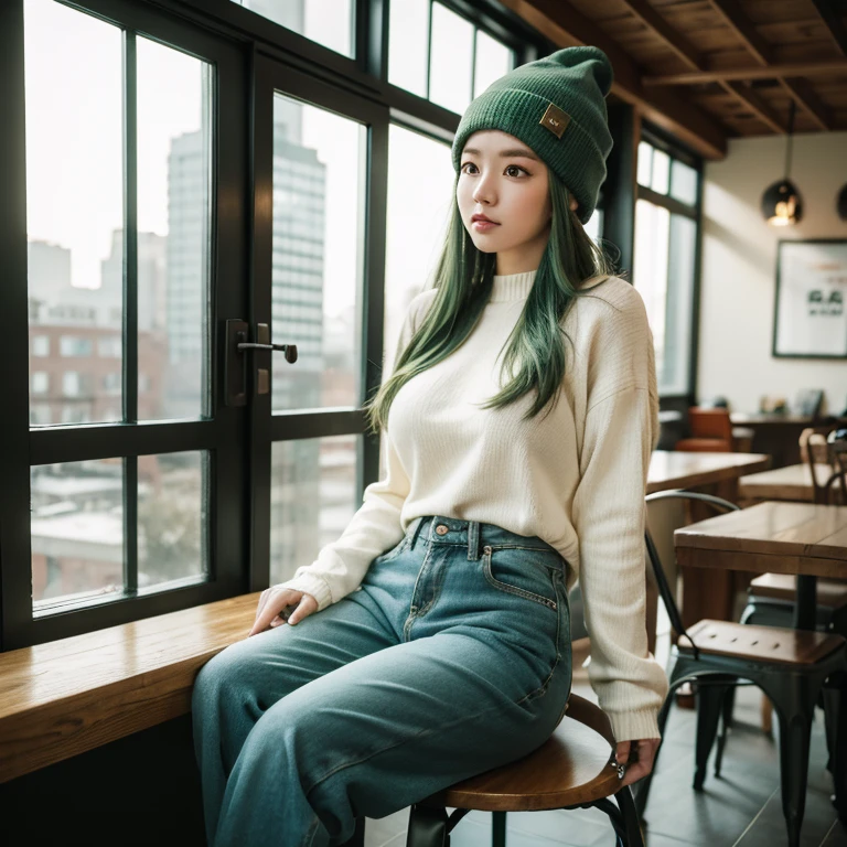 1个Giant Breast Girl, Alone, coffeehouse, Green hair, Beanie, Sweaters, denim pant, sit on chair, dynamicposes, Indoors,