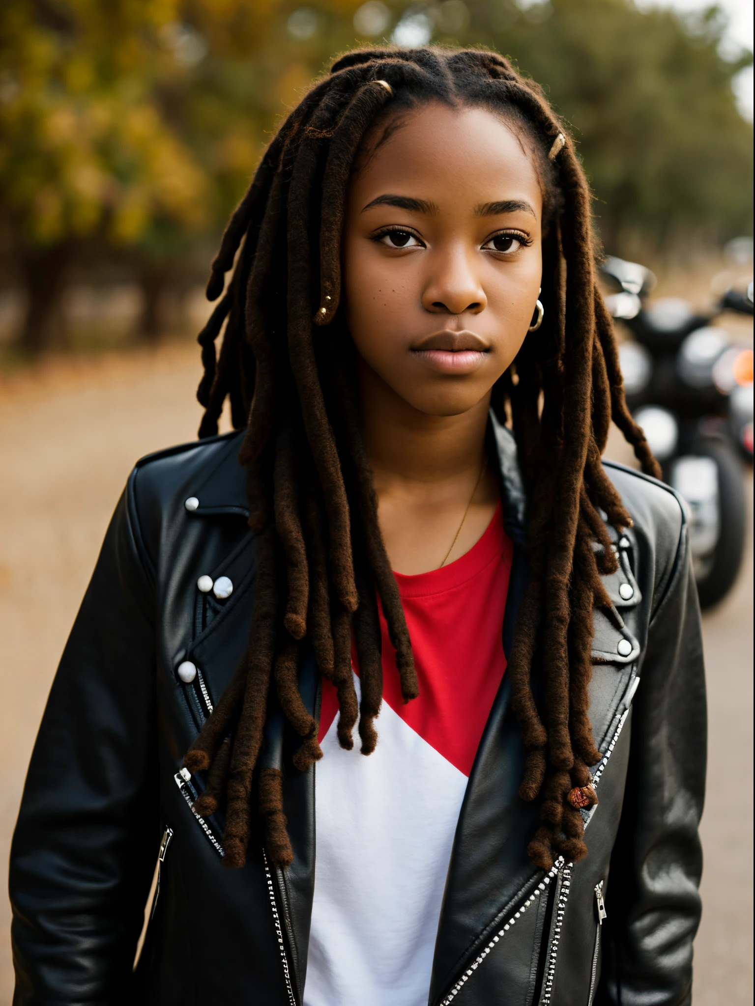 African American teen girl, black and red dreadlocks, dark brown eyes, biker outfit.