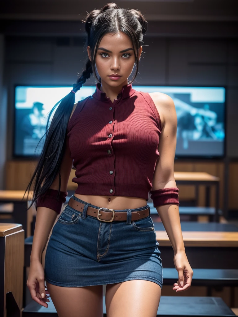 sexy woman, full body,double bun,double braids, school girl outfit, black hair,perfect eyes, cowboy shot, UHD, anatomically correct woman, no visible hands, photo realistic,relevant and detailed surroundings, vibrant colors, dramatic lighting