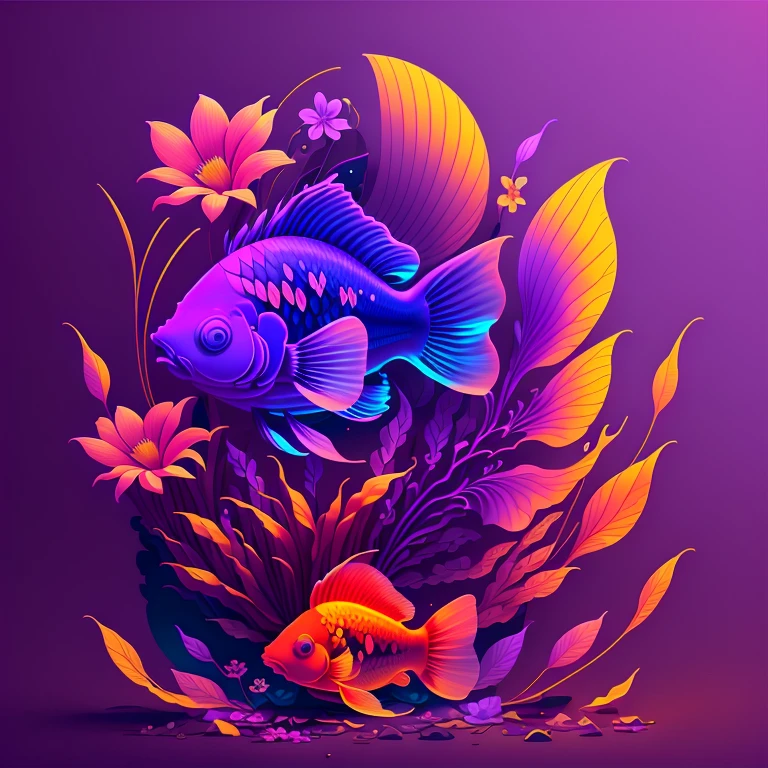 A mutation of a goldfish and a flower, cores roxo/ciano. surreal, Panoramic art, intrincado/intrincada, OC render, vetor/neon light/degrade, alta qualidade, highes definition, alto detalhe, alta resolução, 8k