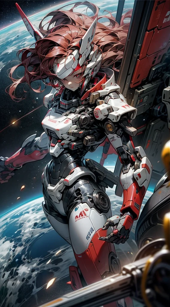 one-girl,brunette color hair,Red eyes,Blue and red mecha battle suit,Hand holding black plasma knife,Seeing the Earth from the Space