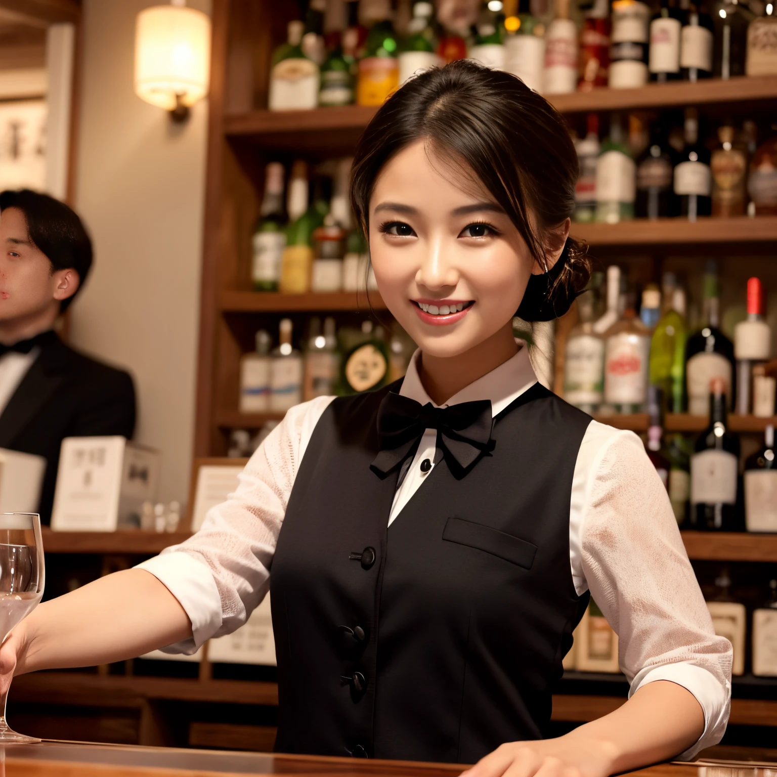 ((Best Quality, masutepiece, 超A high resolution、Bright and saturated、High brightness and saturation、SFW))、1 photo、1人の女性、perfect female bartender、(black suit vest:1.3)、black bow tie on the chest、(perfect bartender uniform:1.3)、large full breasts、chignon、The most extravagant and gorgeous bar、Top bar at night、The most detailed and complex bar、View me、A slight smil、perfect anatomia、cowboy shot、Female bartender standing behind the bar counter