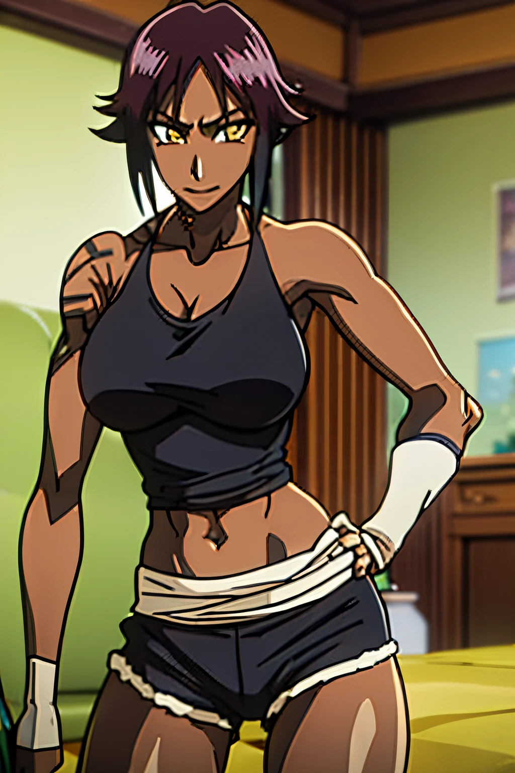 Lara Croft, Revy, Yoruichi Shihoin, cleavage, 25yo woman, hazel eyes, very tan skin, tight booty shorts, black tank top, short hair, black hair, determined smile, Filipino, beautiful woman, hourglass figure, solo mature woman, strong muscular woman, masterpiece, intricate detail, perfect anatomy, beautiful and aesthetic, beautiful, best quality, muscular thighs, anatomically correct, ultra detailed, realistic, mature，Bigchest，Big breasts Thin waist，long leges，Raised sexy Sharp focus :1.2, A pretty woman with perfect figure :1.4, Slender abs :1.2, ((Dark brown hair, Big breasts :1.2)), （Very detailed CG unity 8K wallpaper）