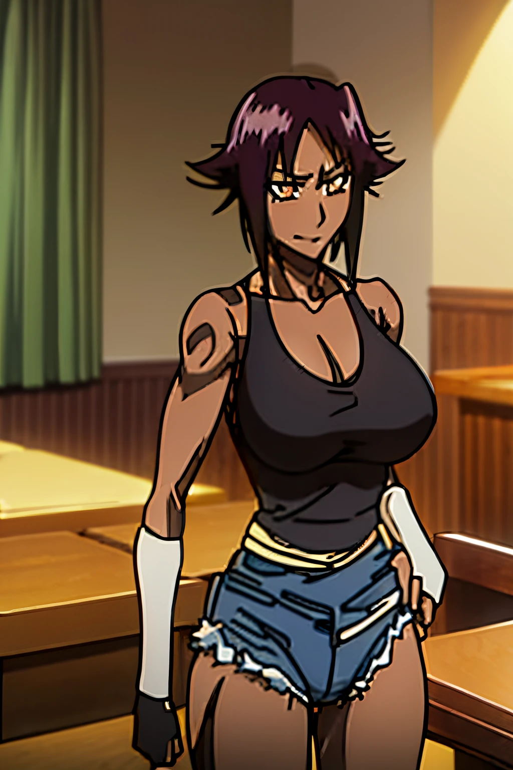Lara Croft, Revy, Yoruichi Shihoin, cleavage, 25yo woman, hazel eyes, very tan skin, tight booty shorts, black tank top, short hair, black hair, determined smile, Filipino, beautiful woman, hourglass figure, solo mature woman, strong muscular woman, masterpiece, intricate detail, perfect anatomy, beautiful and aesthetic, beautiful, best quality, muscular thighs, anatomically correct, ultra detailed, realistic, mature,Bigchest,Big breasts Thin waist,long leges,Raised sexy Sharp focus :1.2, A pretty woman with perfect figure :1.4, Slender abs :1.2, ((Dark brown hair, Big breasts :1.2)), (Very detailed CG unity 8K wallpaper)