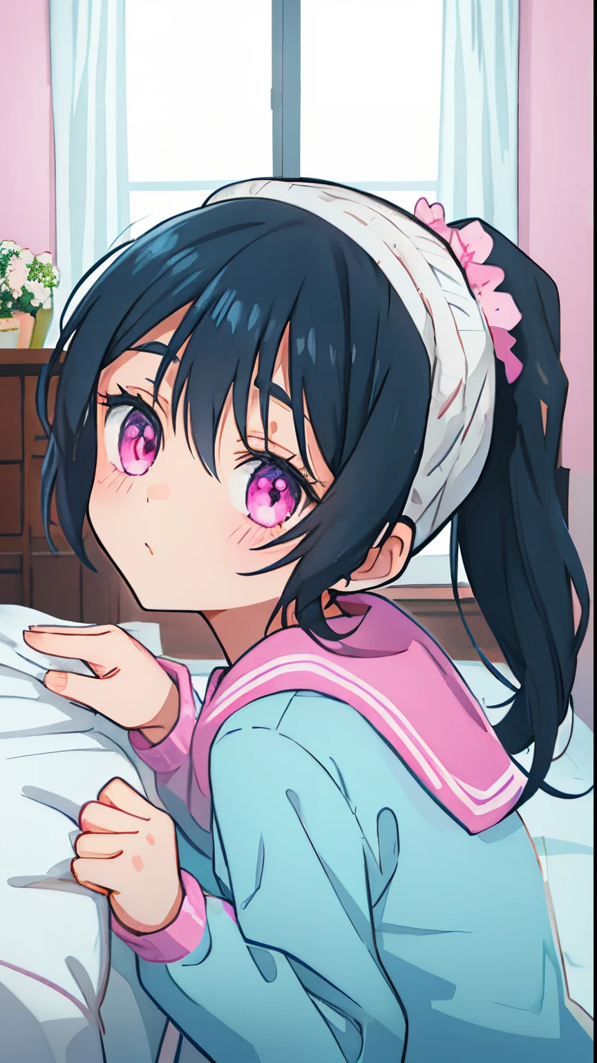 Beautiful illustration、top-quality、Cute little girl s、Bedroom、PastelColors、小柄、Black hair、Bright lighting、bright pink eyes、Pony tail