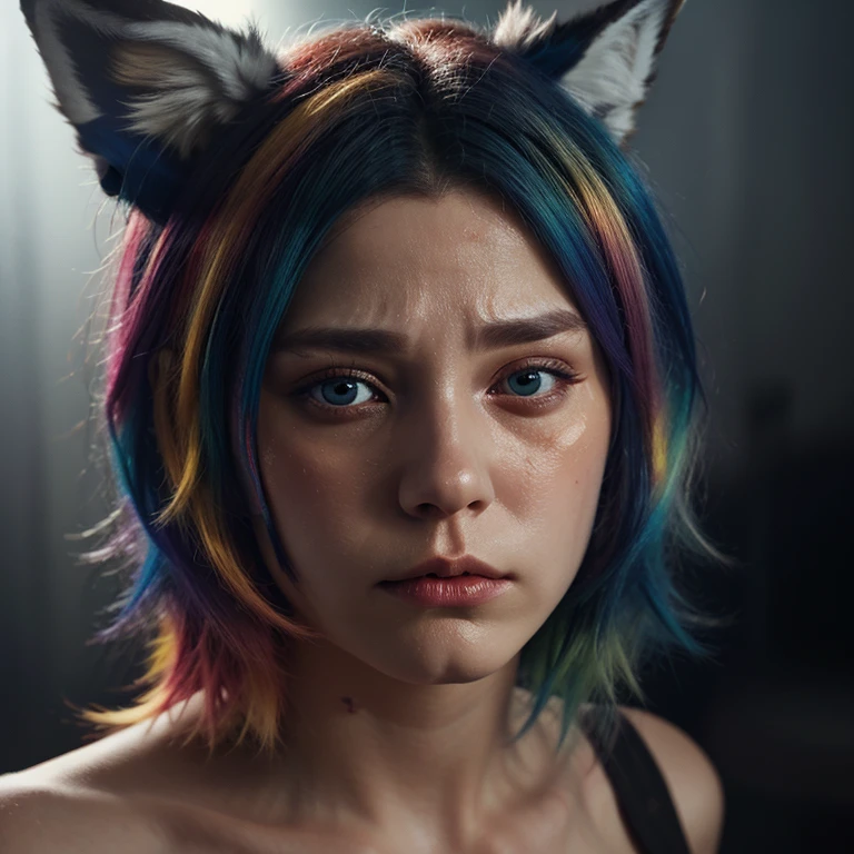 colored inner hair, multicolored hair, tiara, blank eyes, fox ears, sad, Action painting, cinematic lighting, high details, best quality, 16k, HD