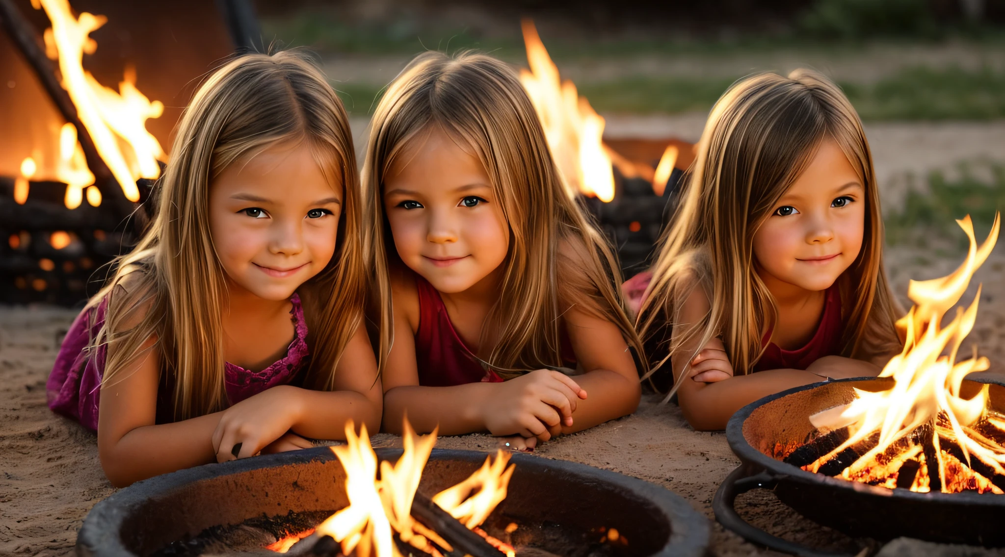 two KIDS GIRLS BLONDE LONG HAIR CLOSE UP, ring of fire, FIRE RING FIRE.