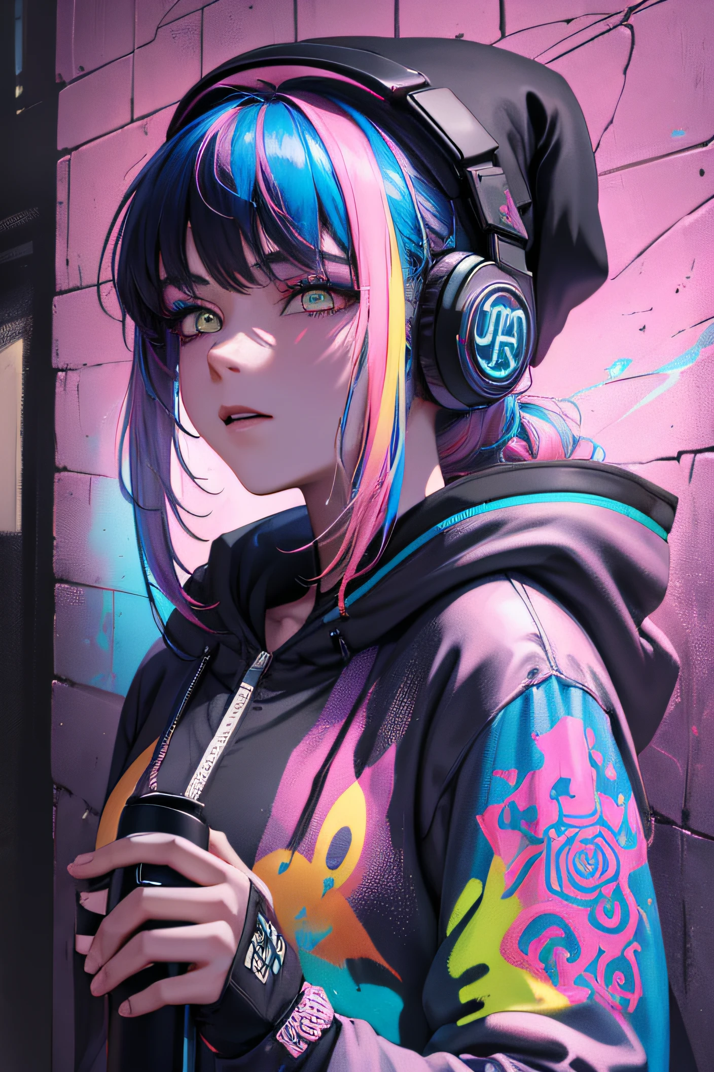 (Masterpiece:1.2), best quality, (illustration:1.2), (ultra-detailed),Eye focus,(Masterfully crafted Glow, pink lens flare), (Cinematic background), hyper details,(delicate detailed), (intricate details), octane render, hdr, (hyperdetailed:1.15), (((colourful))),(soft light:1.2), 1girl, beautiful girl, ultra detailed eyes, mature, plump, thick, rainbow painting drops, paint teardrops, woman made up from paint, entirely paint, splat, splash, (outside), (bioluminescent hair:1.1),(glowing eyes), ((makeup)),(Cinematic masterpiece), fierce, powerful, splashes of colour absolutely eye-catching, (Cinematic headlight), (realistic bounce lighting:1.2),((caustic)), dynamic angle, beautiful detailed glow, ambient occlusion, ambient light, raytraced reflections,(best illumination, an extremely delicate and beautiful), ((cinematic light)), (soft:2), (whimsical:2) , intricate background, vibrant, dreamscape, (painting graffiti:1.3), (glowing tail), (painted city landscape), (Urban),(realistic urban fashion), (expressive:1.2), good form, athletic , (mirrored world), (long flowing black hair:1.1), wavy hair, (colourful hair highlights),(Cyberpunk Techwear Japanese Streetwear Longline Hoodie),(Cyberpunk Streetwear Kanji Joggers), glowing headphones, beanie, (graffiti wall), unfinished graffiti, ghetto,(looking at wall:2),black hoodie, (backwall present),(holding spraycan:1.3), (colourful mist), buckles, belts, straps, a girl standing in front of a graffiti wall, cyberpunk art, by LAM, Mika Pikazo, graffiti, techwear jacket, black gloves, with buckle and tape,