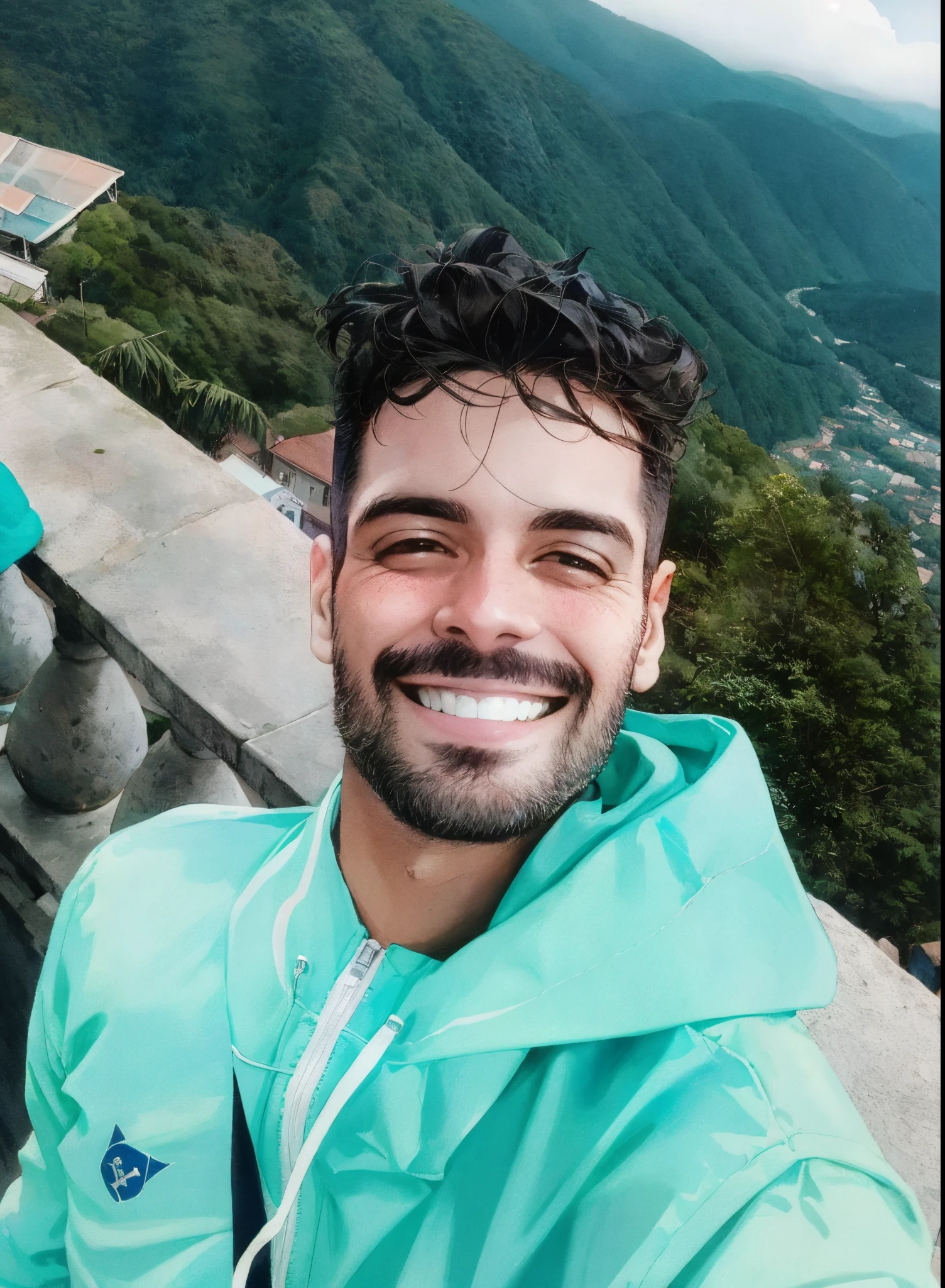 smiling man in a blue jacket and a green jacket standing on a ledge, caio santos, icaro carvalho, david rios ferreira, com montanhas como pano de fundo, com montanhas ao fundo, com montanhas no fundo, Directed by: Felipe Seade, Carmelo Blandino, Dan dos Santos, daniel mirante, sorrindo e olhando diretamente, Duncan Fegredo
