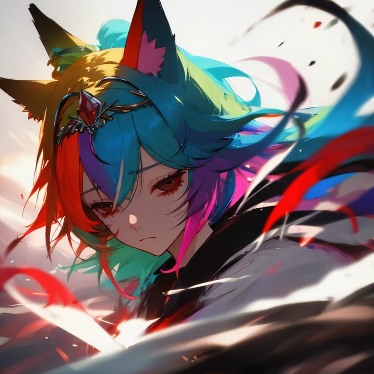 colored inner hair, multicolored hair, tiara, blank eyes, fox ears, sad, Action painting, cinematic lighting, high details, best quality, 16k, HD