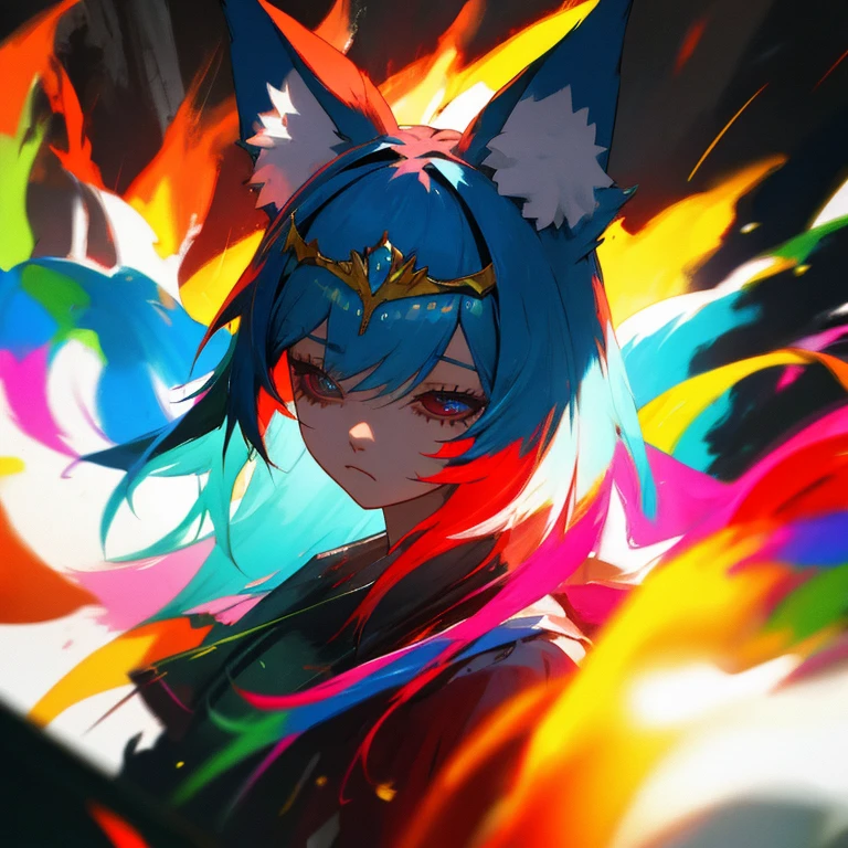 colored inner hair, multicolored hair, tiara, blank eyes, fox ears, sad, Action painting, cinematic lighting, high details, best quality, 16k, HD