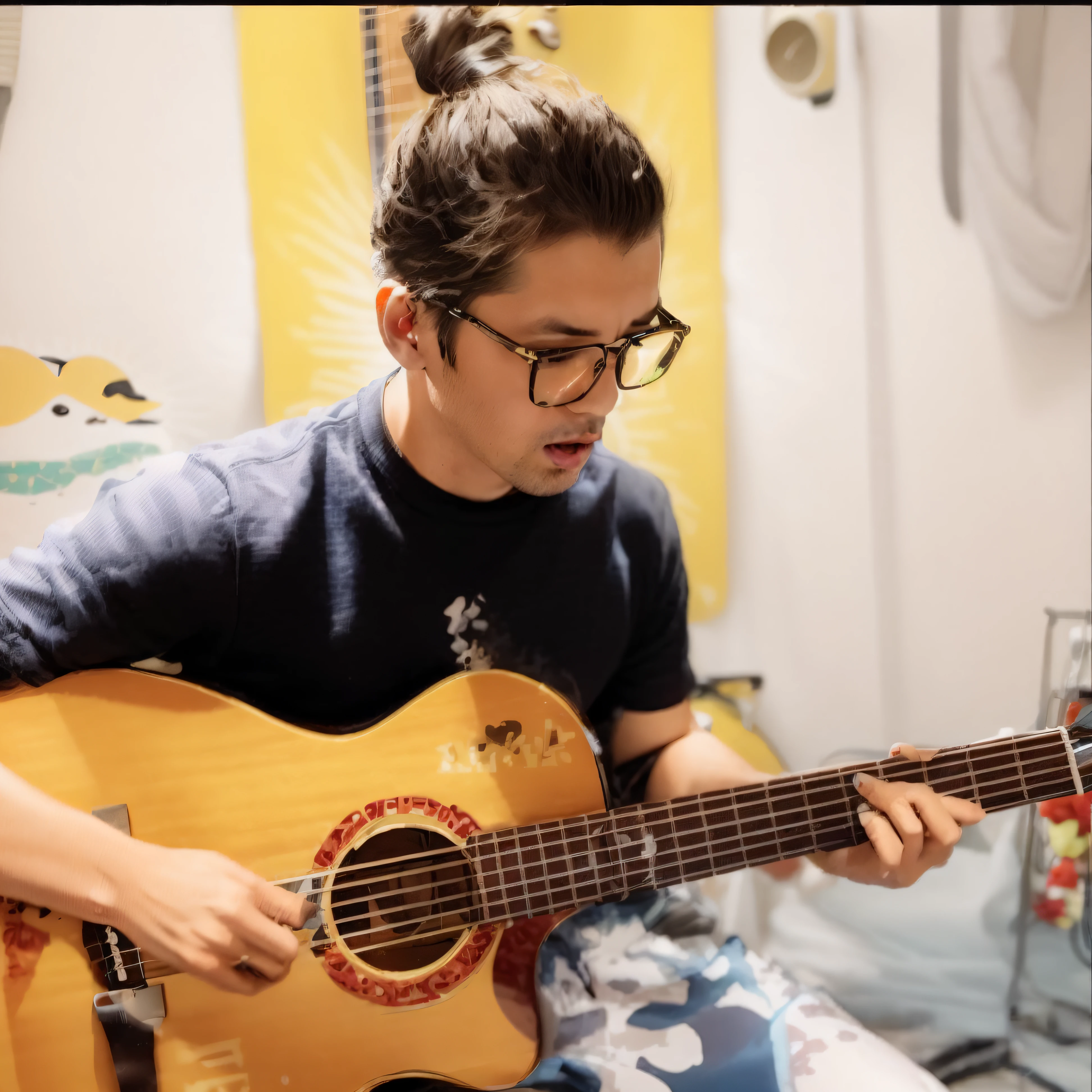 Man playing guitar in recording studio, holding guitars, Ball head, Gather ye rosebuds while ye may, eye glass,