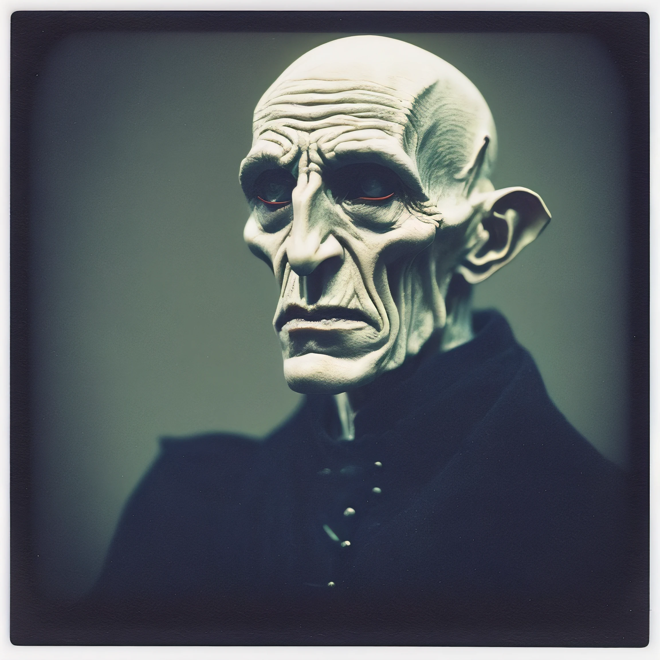 A carefully preserved Polaroid photograph captures the haunting image of Count Orlok, the infamous Nosferatu vampire. The image is taken in a dimly lit room, with a shallow depth of field creating a dreamy blur around the edges and drawing attention to the eerie subject. The ultra-high definition image resolution reveals every wrinkle, vein, and grotesque detail of Count Orlok's ghastly appearance, making it a spine-chilling sight to behold. Inspired by the artistic style of Italian painter Guido Crepax, this Polaroid photograph features an unsettling blend of vivid colors, stark contrasts, and suggestive shadows that evoke a sense of horror and dread.