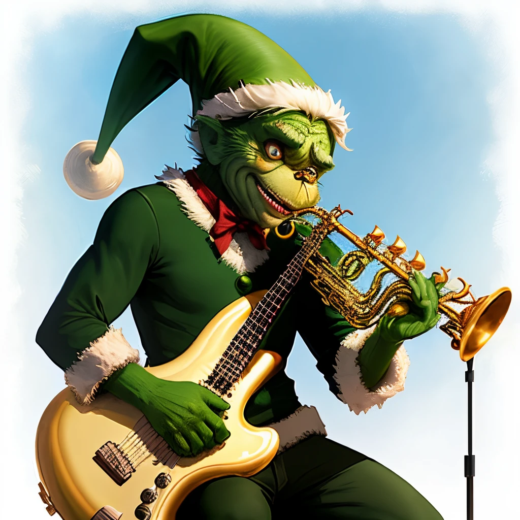 The grinch from the grinch who stole Christmas playing a saxophone