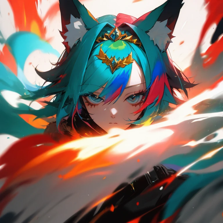 colored inner hair, multicolored hair, tiara, blank eyes, fox ears, Action painting, cinematic lighting, high details, best quality, 16k, HD