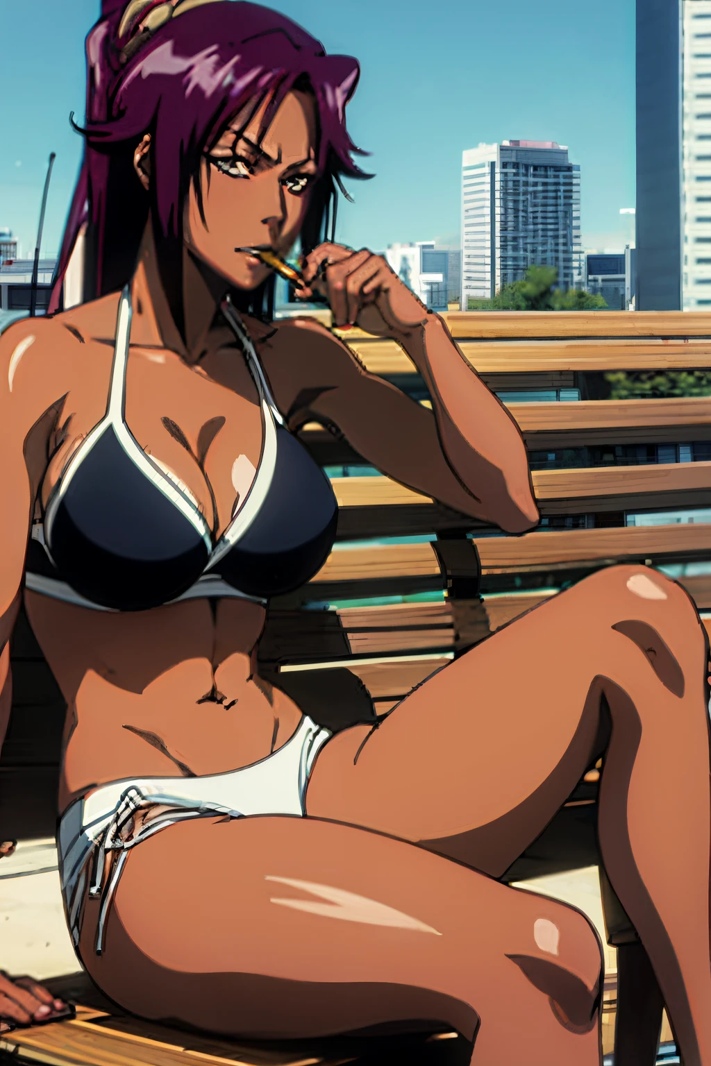 anime girl with purple hair sitting on a bench with a cigar, revy black lagoon, yoruichi shihoin bleach, revy, yoruichi, anime machine gun fire, dark skin, big breasts sits on a rooftop, anime girl in a bikini smoking a cigarette, female action anime girl,