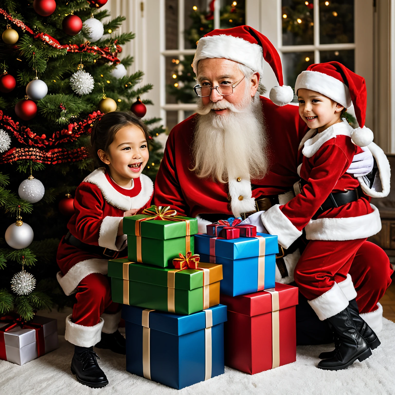 Santa Claus with children of European appearance, at the Christmas tree with gifts,((Best Quality)), ((Masterpiece)), (Detailed), a perfect face, foto realista