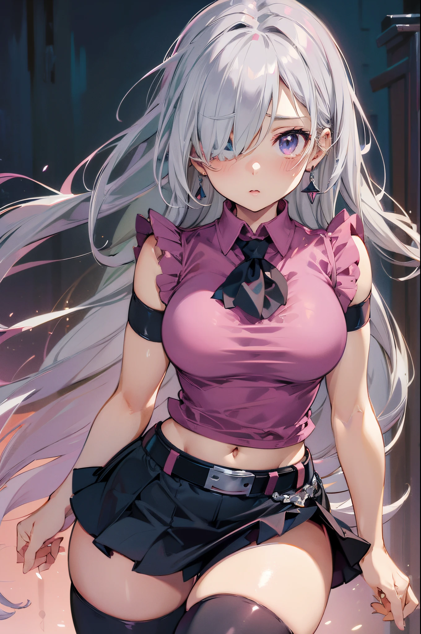 ((face portrait)), zoom, masterpiece, best quality, highres, Elizabeth, 1girl, jewelry, single thighhigh, silver hair, hair over one eye, midriff, black skirt, asymmetrical legwear, ((pink shirt)), sleeveless, black thighhighs, belt, standing