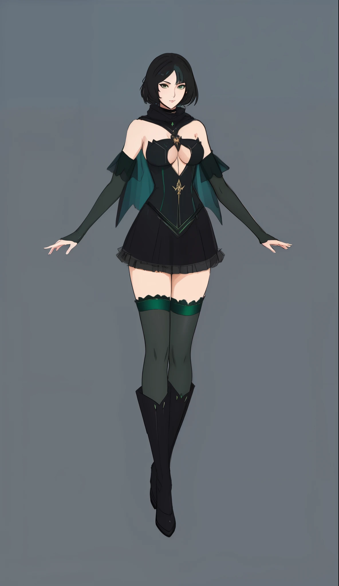 black dress and green stockings, full body concept, full body adoptable, anime full body illustration, dark sorceress fullbody pose, anime girl wearing a black dress, anime woman fullbody art, human :: sorceress, outfit design, full body concept art, detailed full body concept, pretty anime character design, short hair