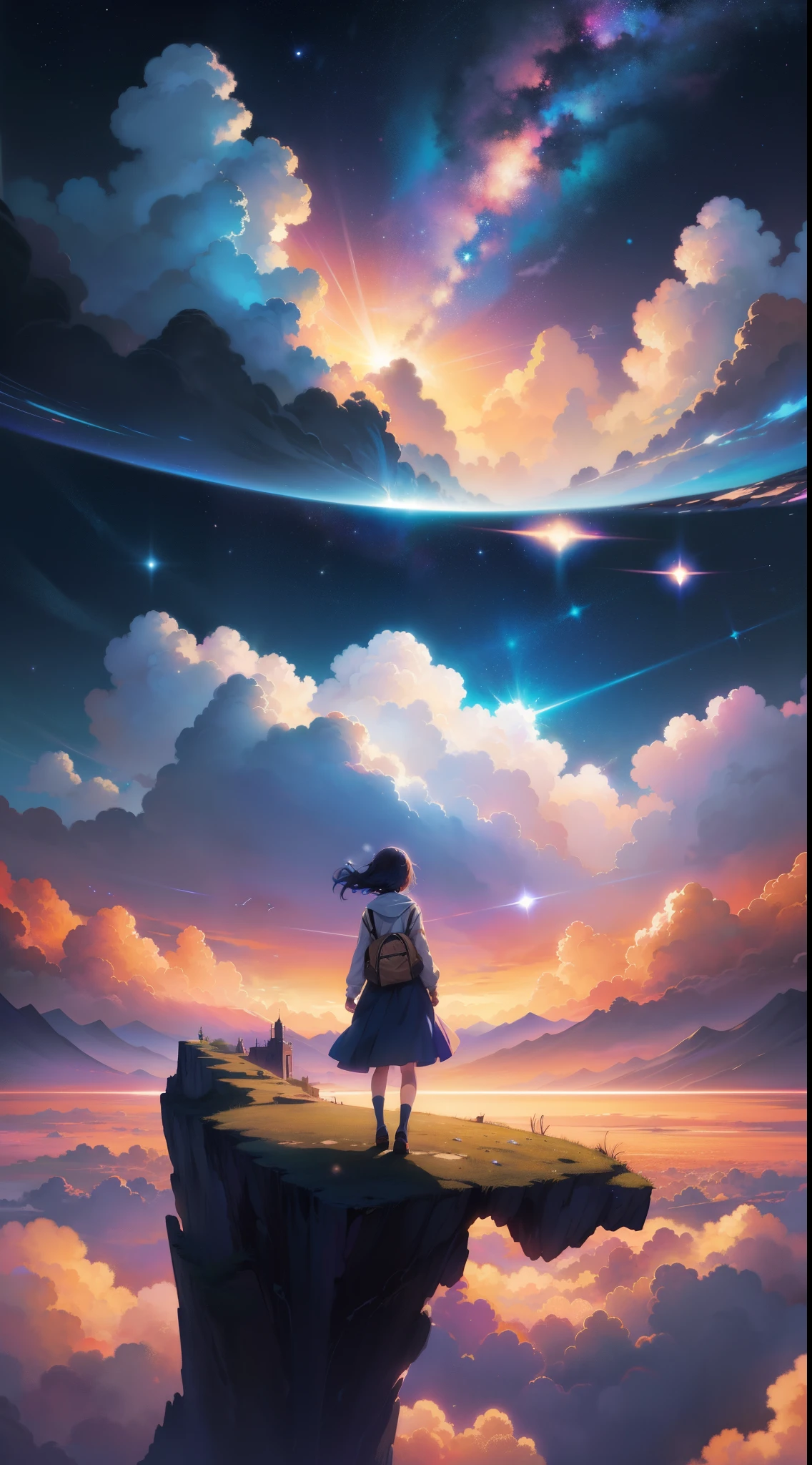 anime girl walking on a path towards a beautiful sky with a star, she is approaching heaven, sitting on the cosmic cloudscape, girl looks at the space, dreamlike digital painting, makoto shinkai cyril rolando, cosmic skies. by makoto shinkai, endless cosmos in the background, lost in a dreamy fairy landscape, girl clouds, dreamlike atmosphere