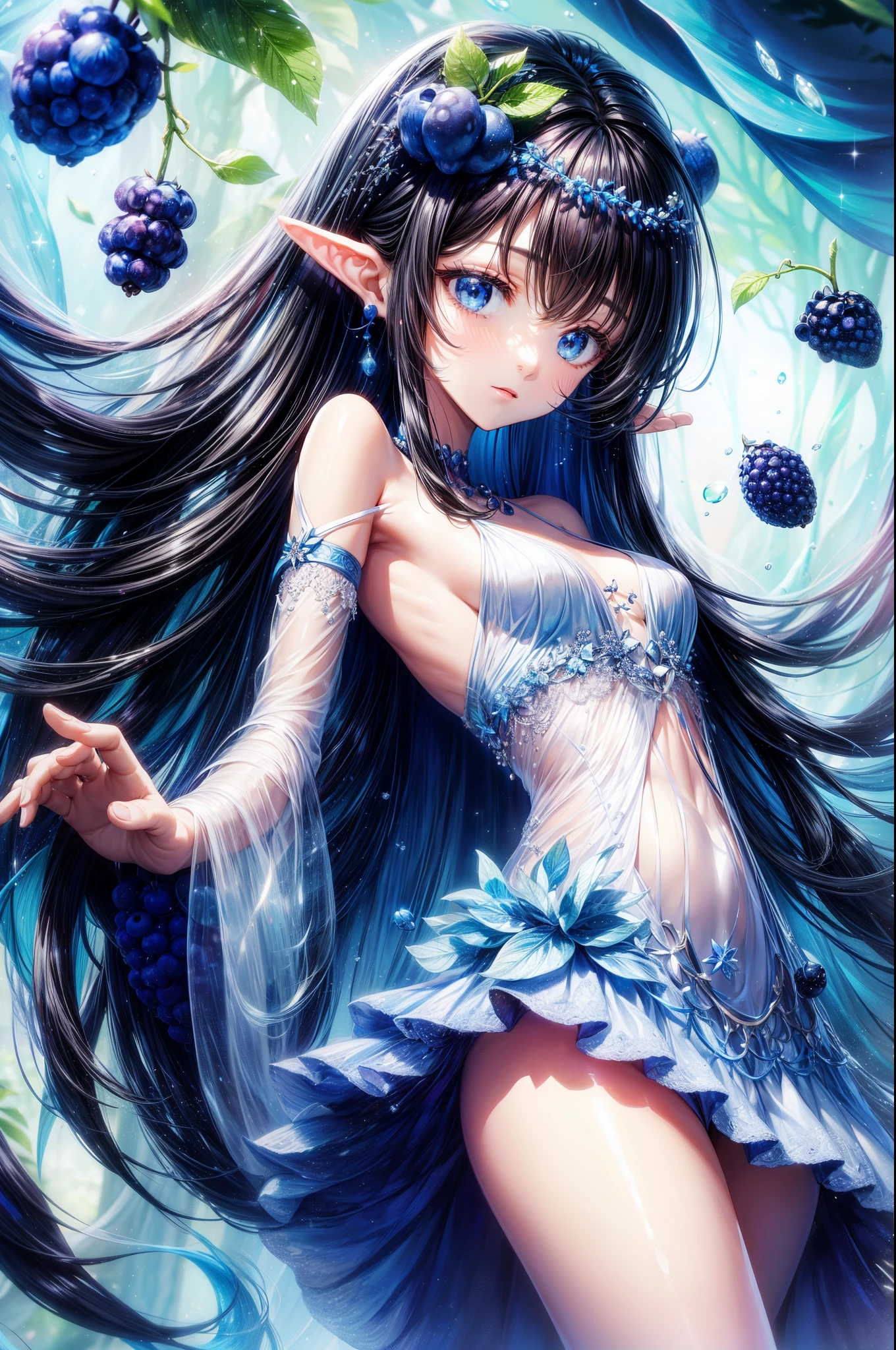 1 Fairy, ((blue berry,those fruits)),white backgrounid, black hair color hair,