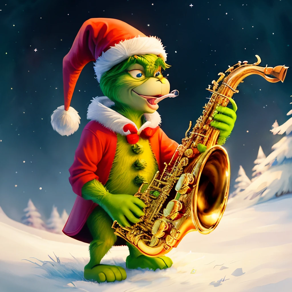 The grinch playing a bari saxophone