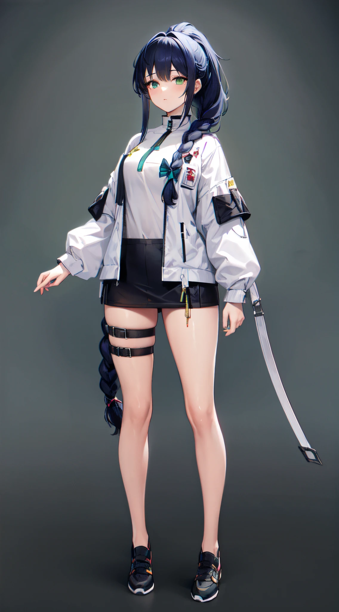 Character Design, Full body, front, 1 girl, girl, White only background, black plus blue hair, Medium Hair, braid ponytail, green eyes