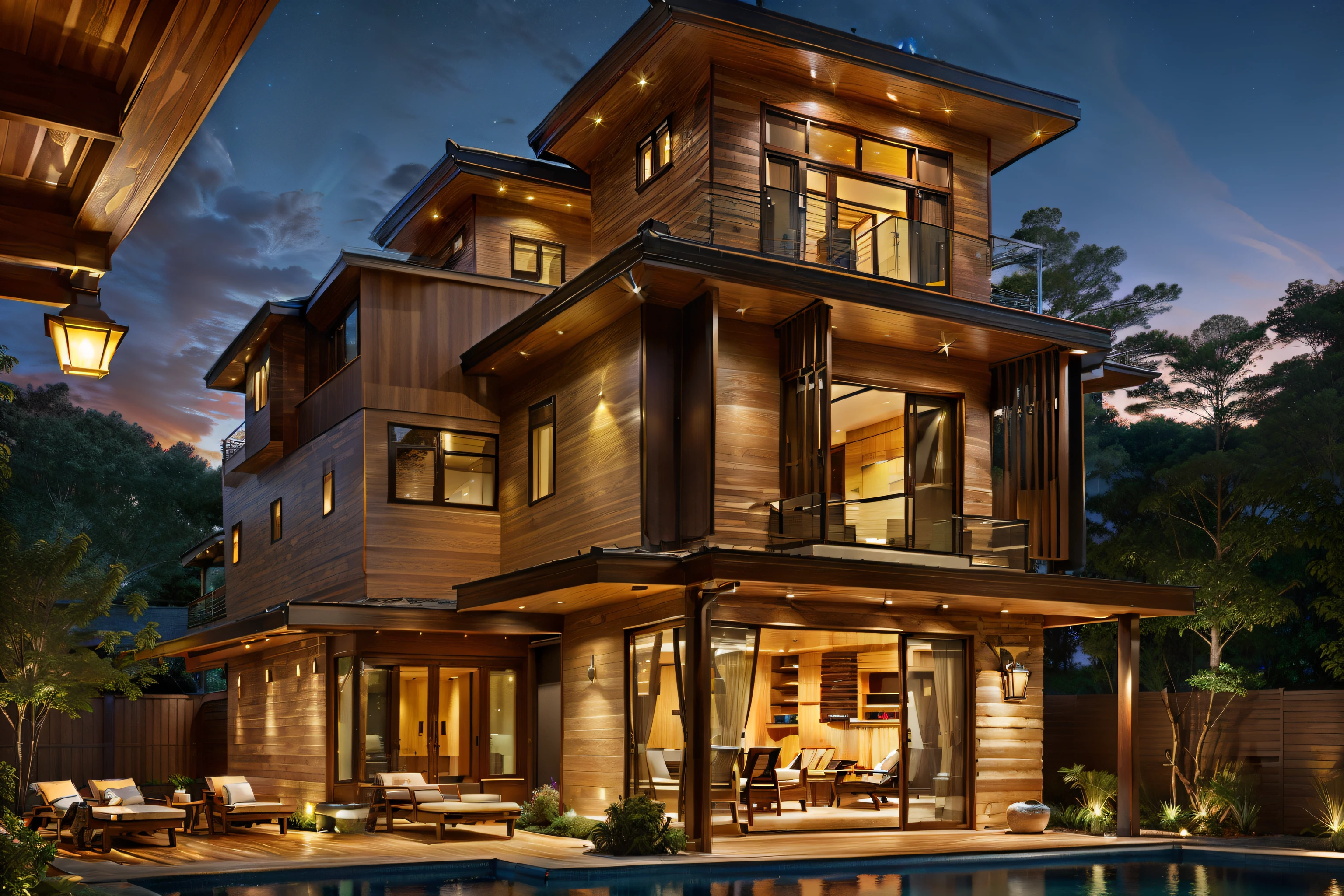 modern wood grain villa, yellow spotlights, night lighting, unique architecture, wood grain awnings, wood paneled walls, wood spotlights, HD rendering, luxury,
