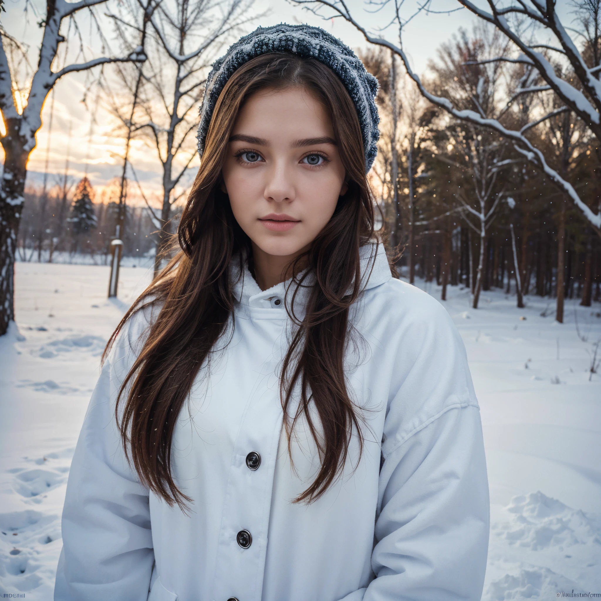 Close up selfie of Ukrainian long hair brunette 21-year-old taking a selfie outside in winter Ukraine. She is wearing cute winter attire. (Top Quality, 8K, 32 k, masterpiece, UHD:1.2), (s whole body) (A hyper-realistic), , (high resolucion), (8K), (A highly detailed), (Beautiful detailed eyes), (Top Quality), (Very detailed), (masterpiece), (Detailed face)