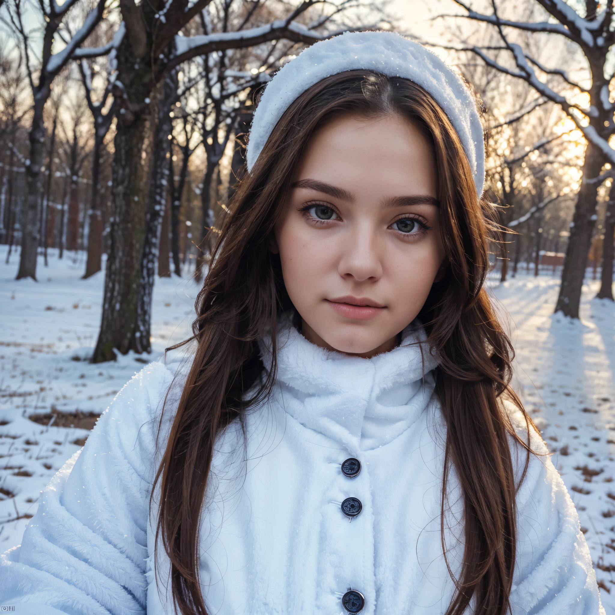Close up selfie of Ukrainian long hair brunette 21-year-old taking a selfie outside in winter Ukraine. She is wearing cute winter attire. (Top Quality, 8K, 32 k, masterpiece, UHD:1.2), (s whole body) (A hyper-realistic), , (high resolucion), (8K), (A highly detailed), (Beautiful detailed eyes), (Top Quality), (Very detailed), (masterpiece), (Detailed face)