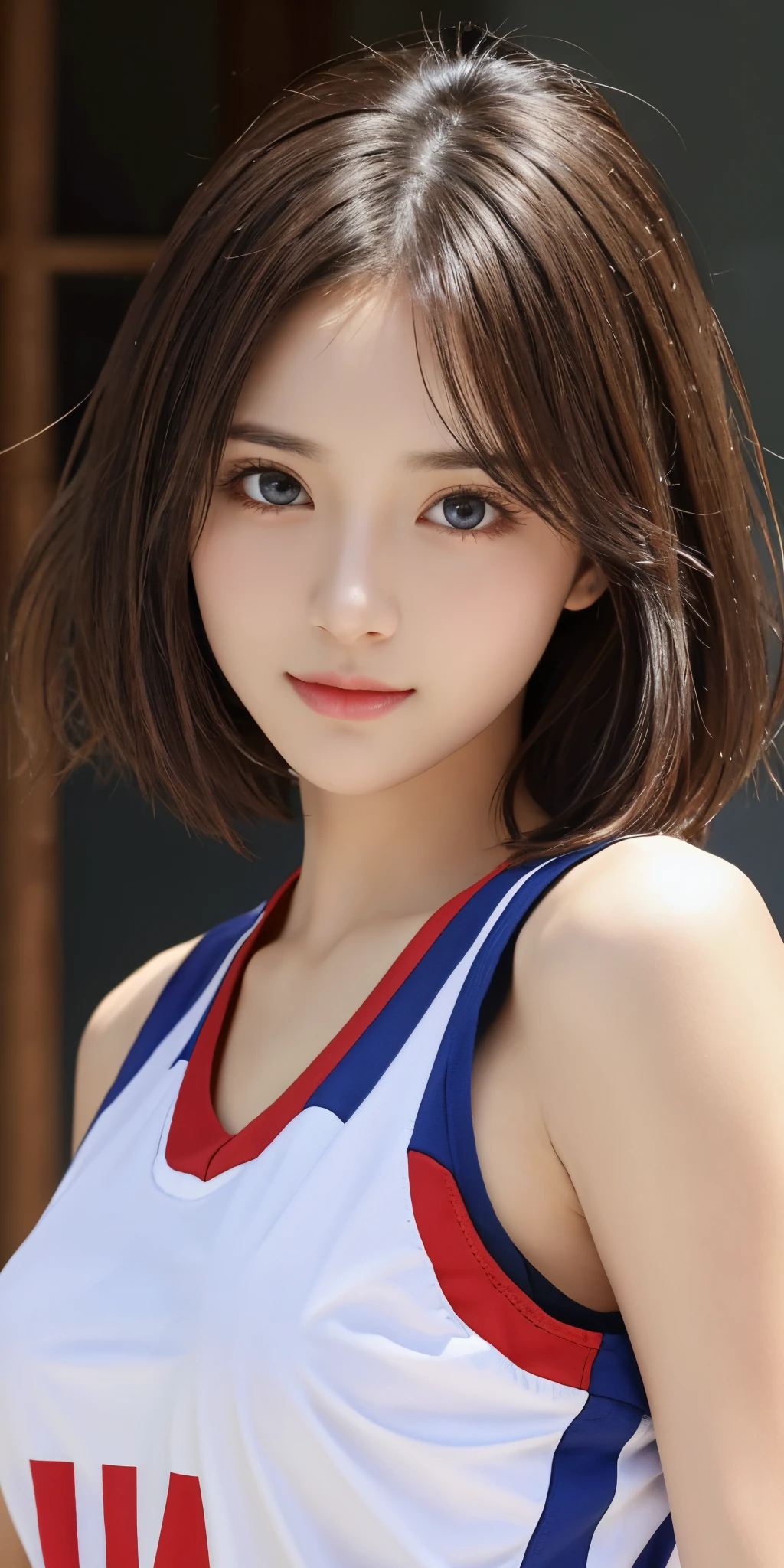 ((Photorealsitic))、top-quality、hight resolution、masutepiece、a picture、wall-paper、realisitic、Bright lighting、profetional lighting、face lights、Smooth lighting、Women in Japan、Big sister、Adults、Beautuful Women、女優、modeled、gravure、A sexy、wretched、unclear、Super beautiful、Beautiful skins、Beautiful and detailed eyes、Beautiful and detailed eyes、A detailed face、slim、large full breasts、short medium hair、brunette color hair、(Basketball Wear、Sleeveless、no-bra)、