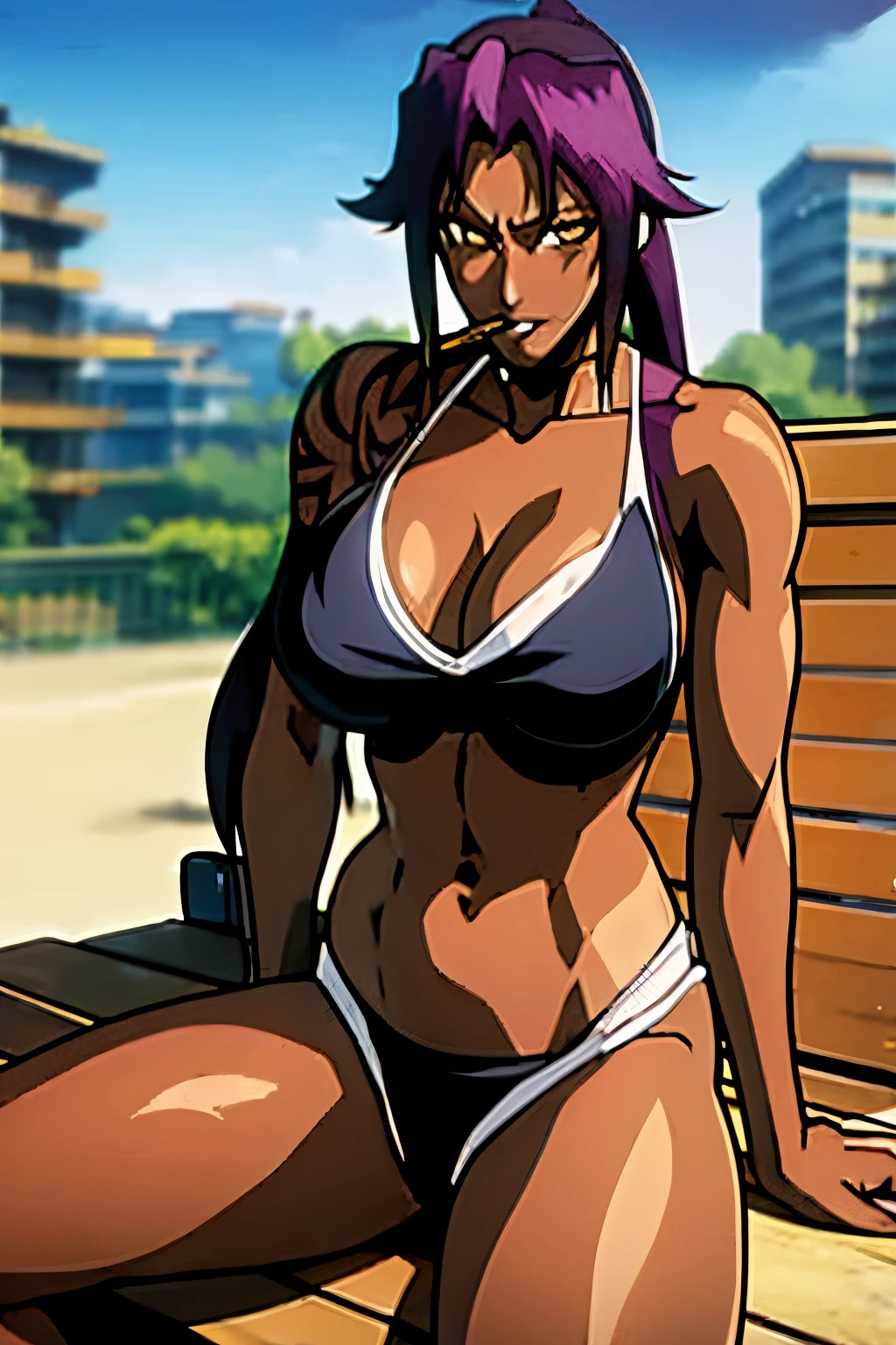 anime girl with purple hair sitting on a bench with a cigar, revy black lagoon, yoruichi shihoin bleach, revy, yoruichi, anime machine gun fire, dark skin, big breasts sits on a rooftop, anime girl in a bikini smoking a cigarette, female action anime girl,