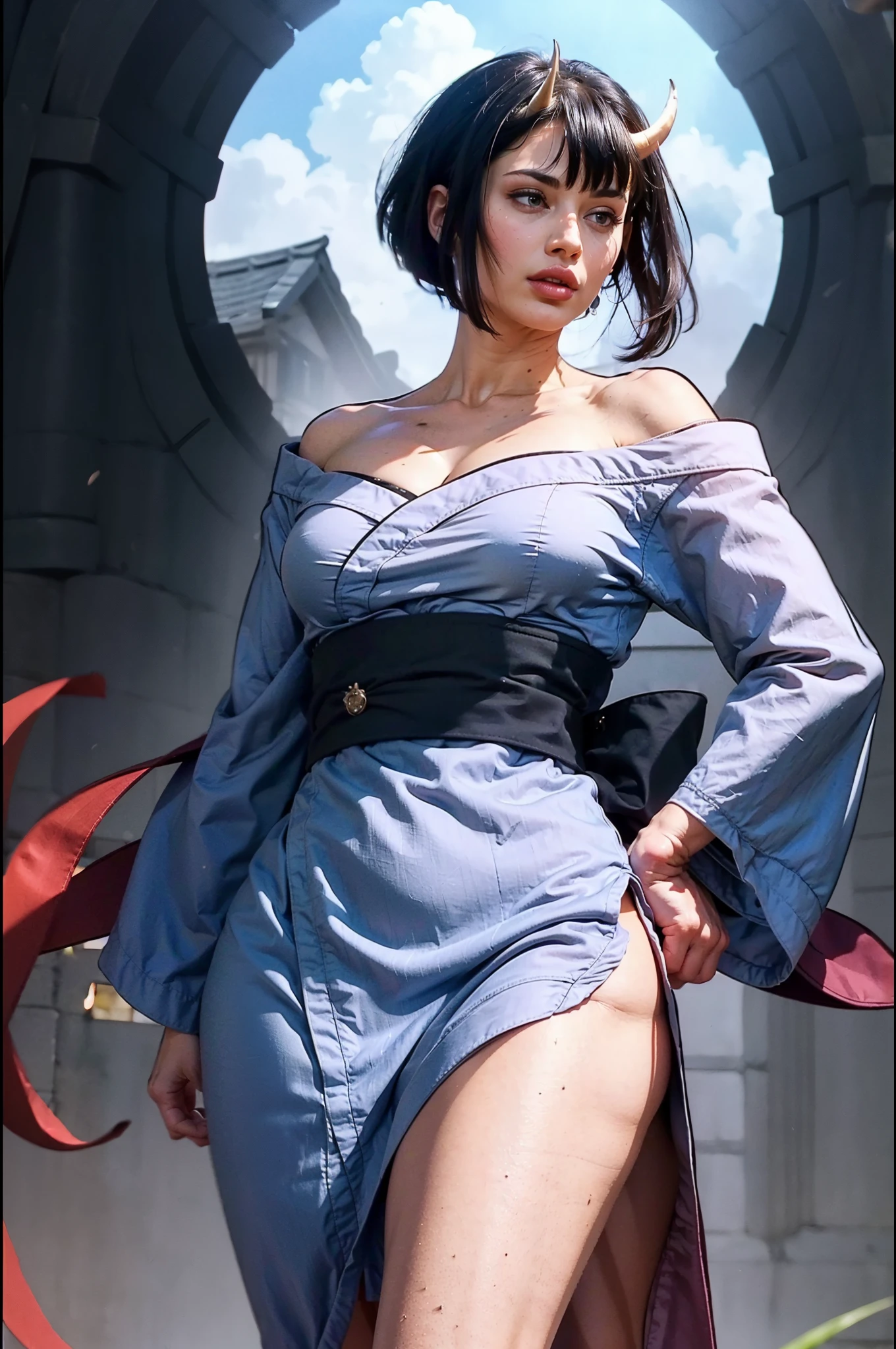 Masterpiece , highlydetailed, Hyperrealistic, fullbodyshot of 1girl, short black hair, red eyes,oni horns, kimono off shoulder showingclivage, standing, facing viewer, perfect hands, good hands, hand on hip,perfect face features , perfect thick, curvy and muscular body shape