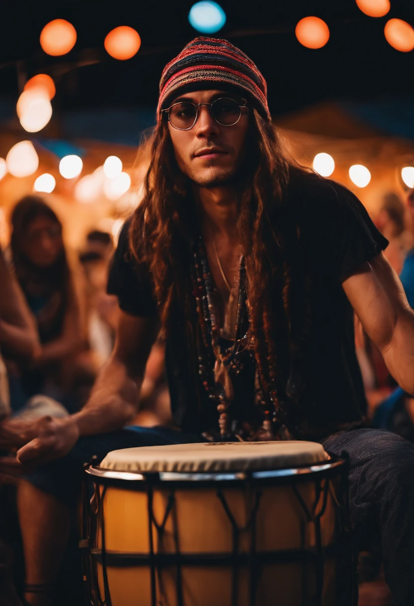 A photo of the character participating in a drum circle at a bohemian music festival,original,Anime merch, beanie, glasses, long hair with neon streaks, no makeup