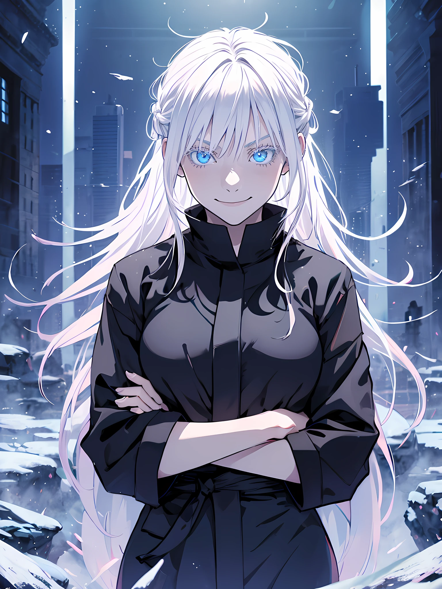 masterpiece, Woman, famale version, female, jujutsu kaisen, solo, alone, happy, smiling white hair, bangs, long hair, white eyebrows, white eyelashes, light blue eyes, glowing eyes, hands wide, t pose, black clothing, black jacket, fullbody, park, naturepark, high quality, 4k resolution, anime