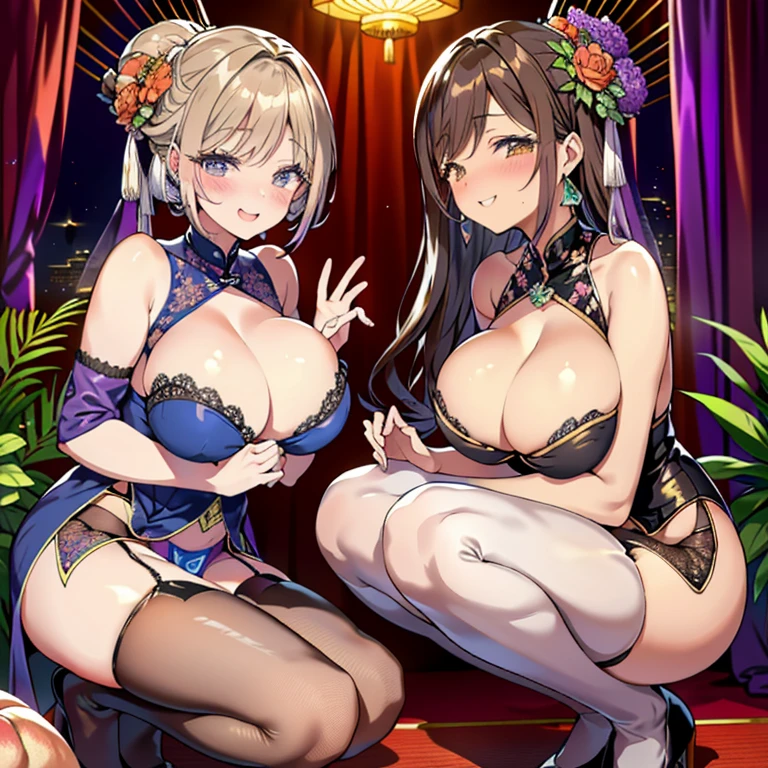 top-quality 8K 1 person 30 generations of beauty Fantastical Brown hair Medium bob Delighted (Bewitching laughter Shyness:1.5) Glamour (Tight, Peach-like breasts), Ass like a peach ((White garter belt stockings:1.0)) (Blue qipao dress embroidered with flowers Deep slit Sleeveless:1.0) cleavage of the breast (squat with legs open) Chinese-style rooms View from the front