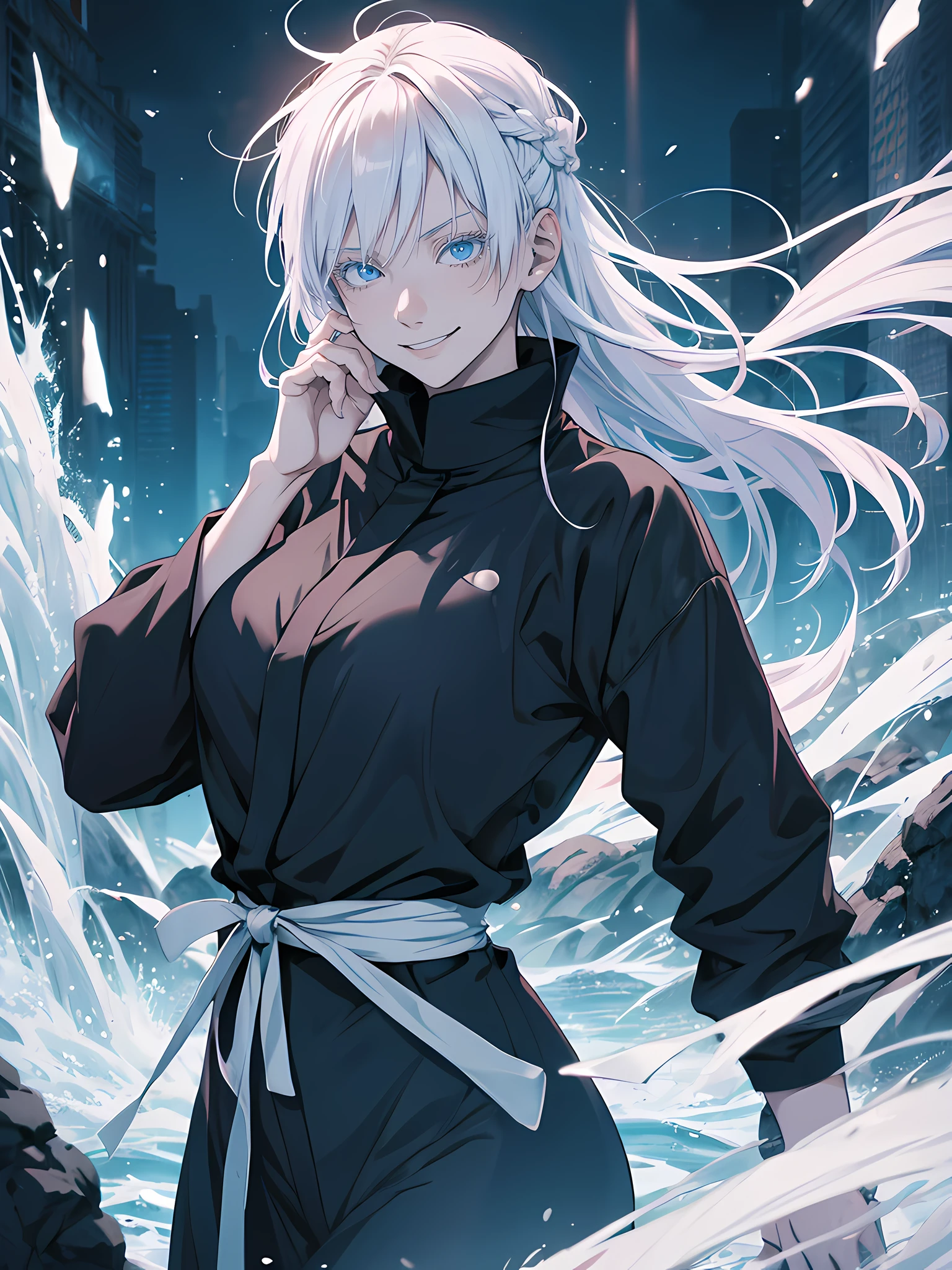 masterpiece, Woman, famale version, female, jujutsu kaisen, solo, alone, happy, smiling white hair, bangs, long hair, white eyebrows, white eyelashes, light blue eyes, black clothing, fullbody, park, naturepark, high quality, 4k resolution, anime