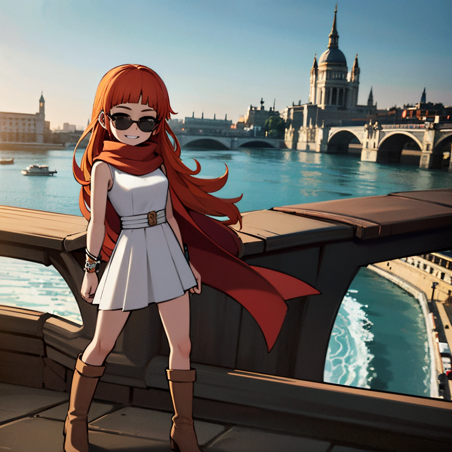 Young girl, orange hair, wearing black scarf, white dress, black boots, wearing sun glasses, in europe, london streets, tourist, tamisa river in background, smilling, full body in art, 4k, masterpiece, good anathomy