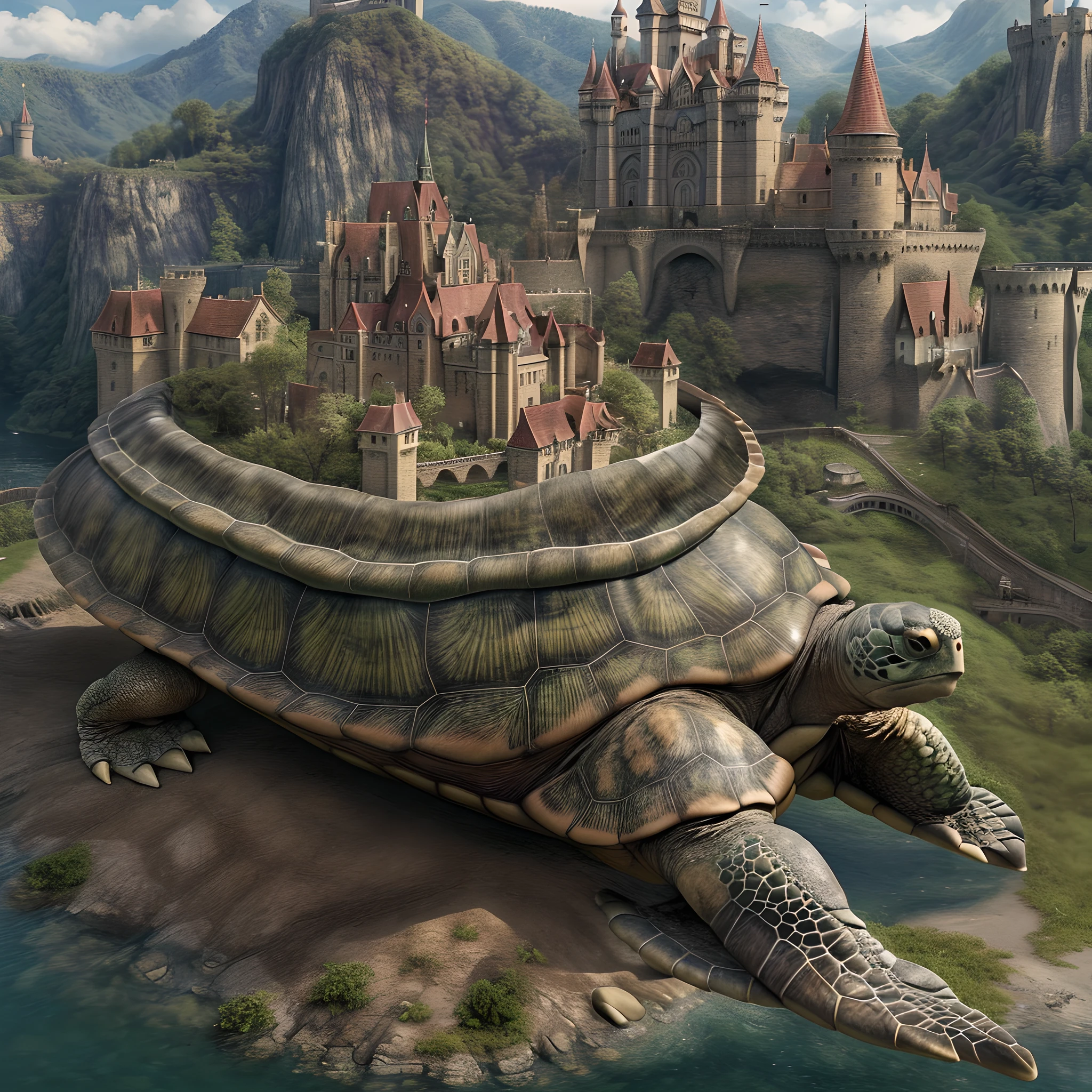 a long shot picture of an epic sized turtle (best details, Masterpiece, best quality: 1.4) having a fantasy castle built on the back of the turtle,  rolling hills, fantasy castle with (turrets: 1.1), (towers:1.1), (bridges:1.2), (barbican:1.1), green rolling hills background, epic sized turtle as the castle base, (castle on the turtle:1.3) huge epic sized turtle carrying the castle, Photorealistic, 16k, RAW, award winning, (best detailed: 1.5), masterpiece, best quality, (ultra detailed), full body, ultra wide shot,