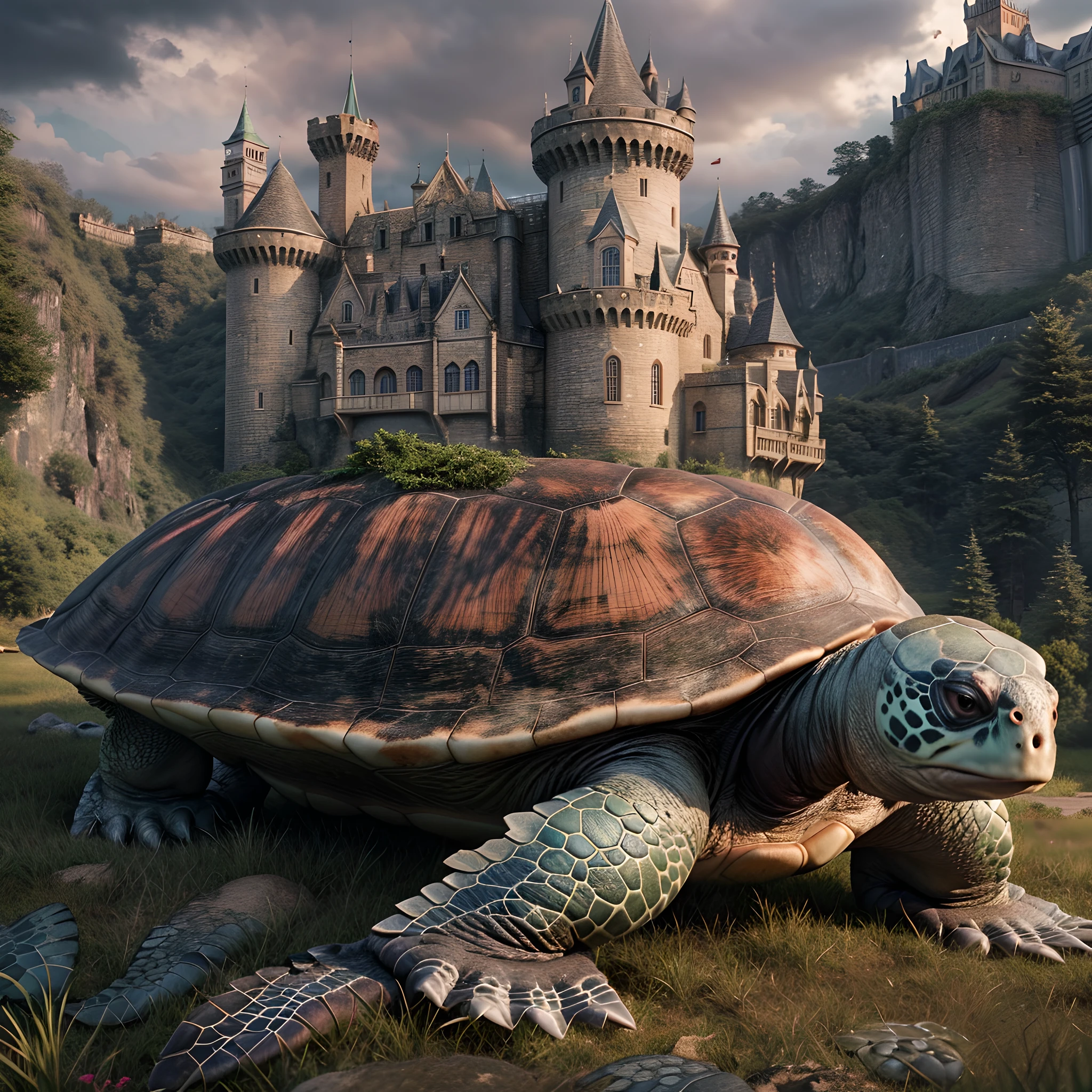 a long shot picture of an epic sized turtle (best details, Masterpiece, best quality: 1.4) having a fantasy castle built on the back of the turtle,  rolling hills, fantasy castle with (turrets: 1.1), (towers:1.1), (bridges:1.2), (barbican:1.1), green rolling hills background, epic sized turtle as the castle base, (castle on the turtle:1.3) huge epic sized turtle carrying the castle, Photorealistic, 16k, RAW, award winning, (best detailed: 1.5), masterpiece, best quality, (ultra detailed), full body, ultra wide shot,